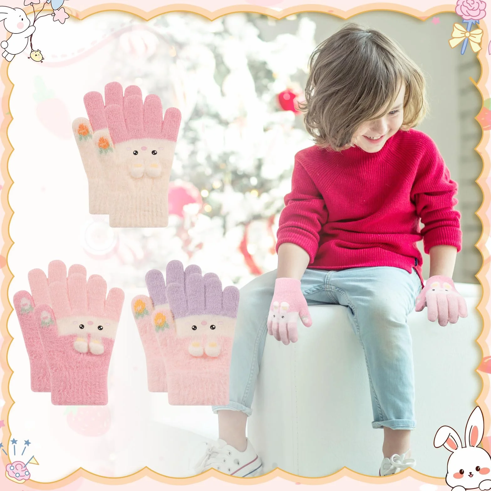Guanti Magici Caldi per Bambini QKURT – Guanti Termici Morbidi Elastici a Dita Intere con Motivo Coniglio, Età 4-12 Anni