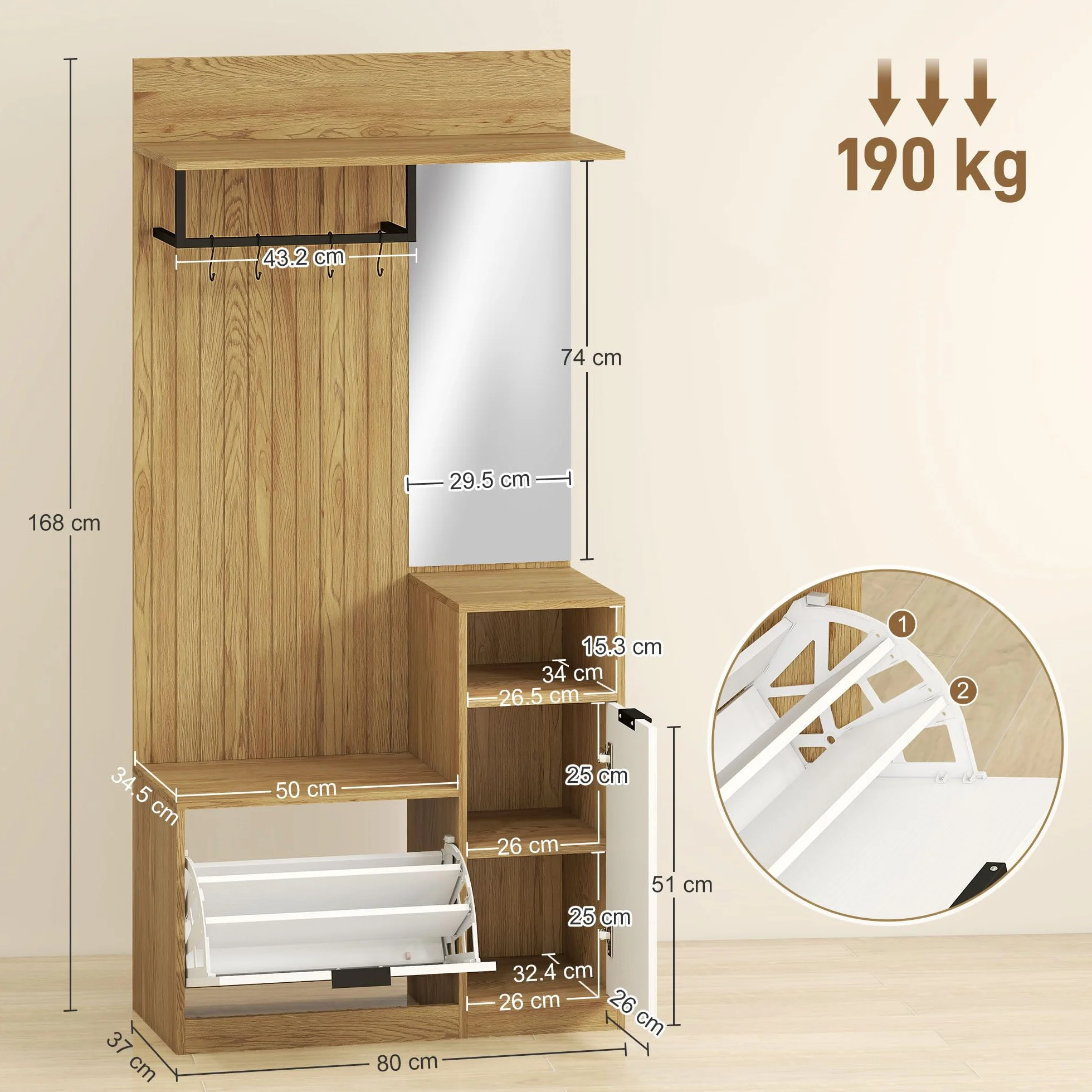 HOMCOM Appendiabiti da Ingresso con Specchio, 4 Ganci, Panca e Scarpiera, Mobile Appendiabiti con Armadietto e Ripiano Aperto, Gambe in Legno, per Ingresso Corridoio, Rovere e Bianco