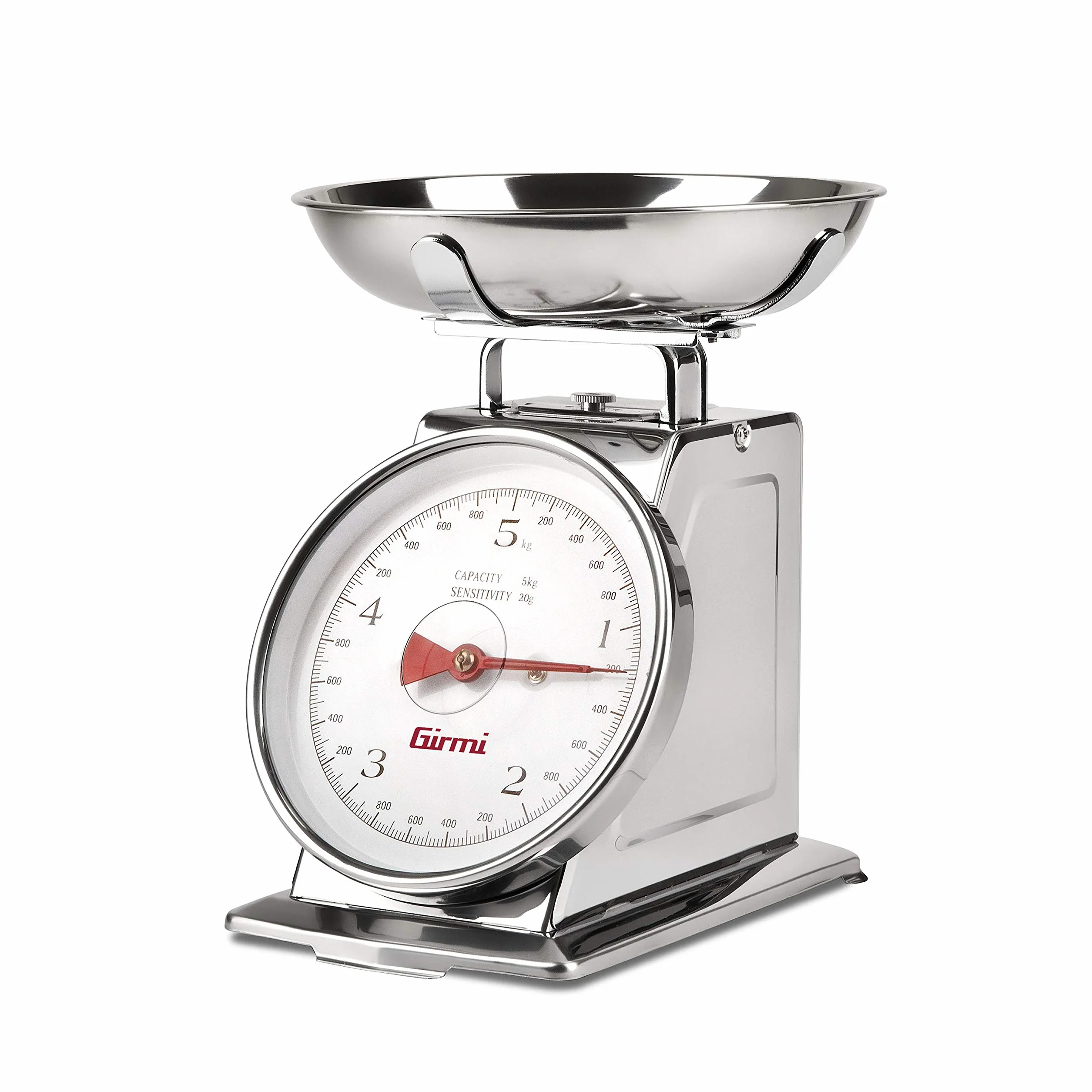 Girmi PS90 Bilancia Meccanica da Cucina, Ciotola 1 Lt, Corpo Inox, 20gr/5Kg, Funzione Tara