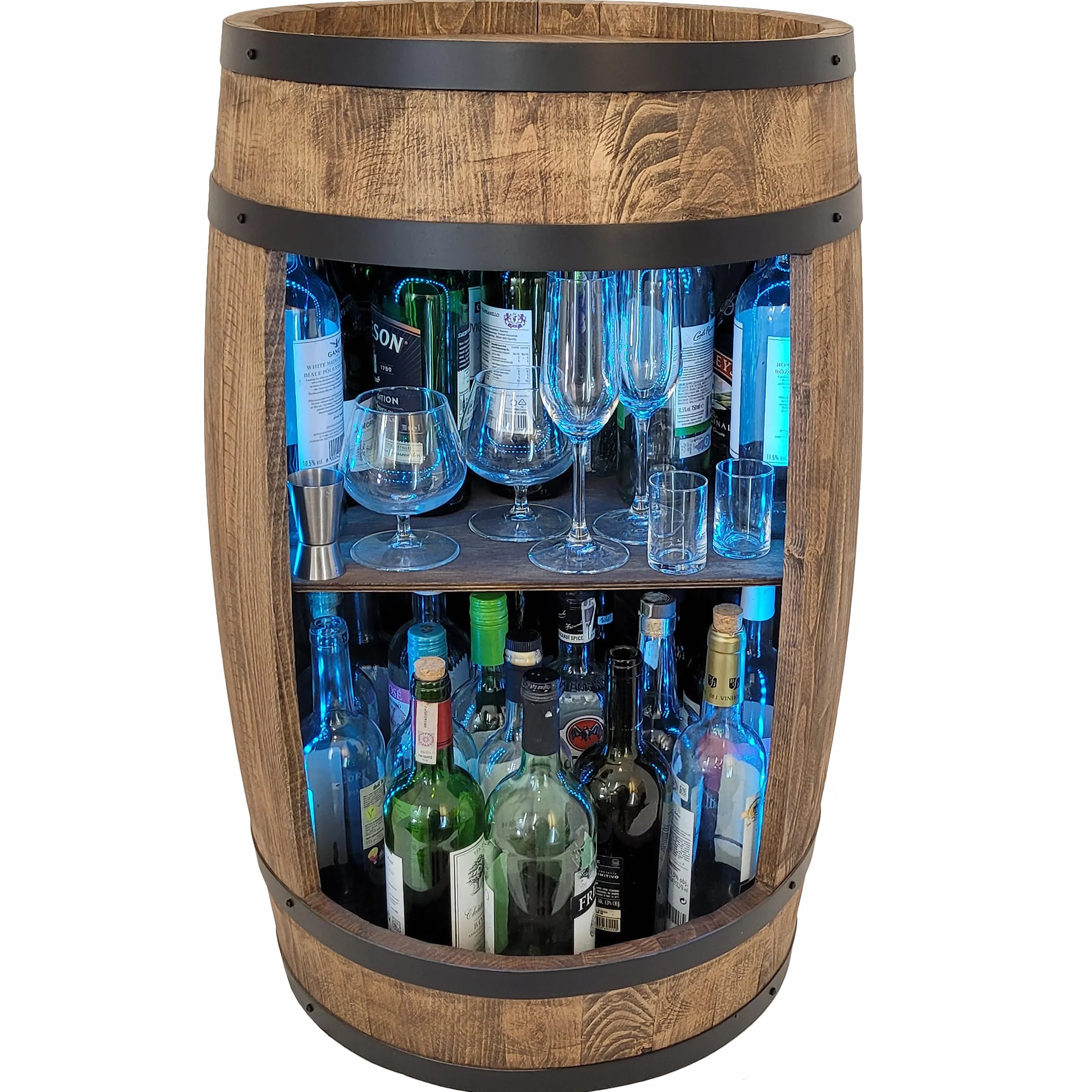 weeco Mobiletto bar a barile in legno con illuminazione a LED RGB, Minibar a forma di botte. Armadietto con ripianoper vini whisky - botte tavolo.Un uomini, Botte per Vino (wengé)
