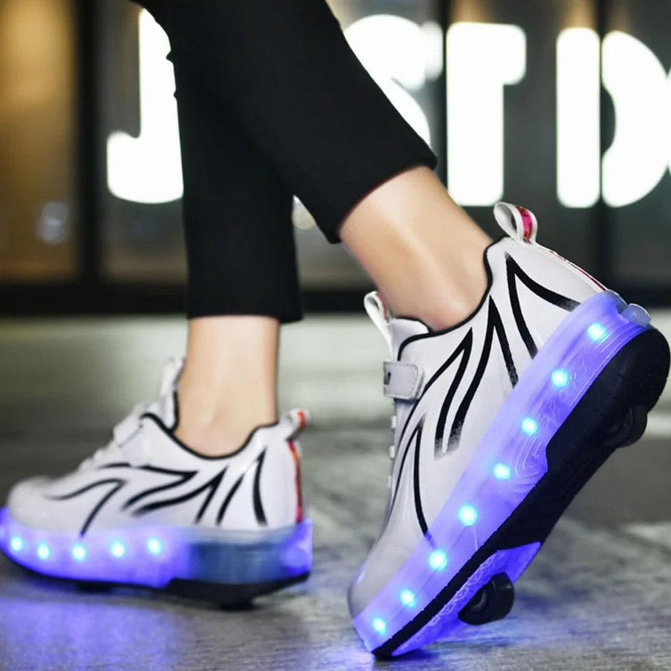 ENEN Scarpe con Ruote 2 in 1 Multifunzionali con LED Luce per Bambini Ragazze Giovani Adulti Rosa Blu Bianco 28-41 EU