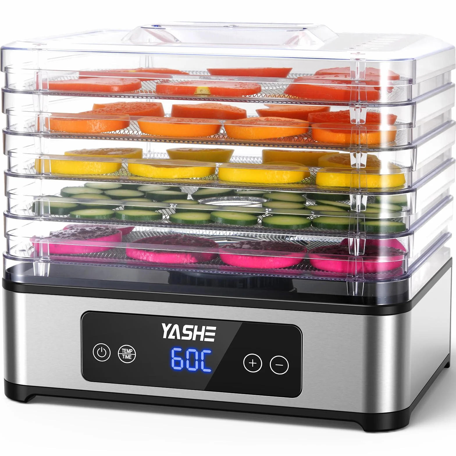 YASHE Essiccatore Alimentare, 5 Vassoi in Acciaio Inox, Timer e Temperatura Regolabili, Flusso d’Aria a 360°, Senza BPA, 400W Essiccatore Frutta e Verdura, Carne, Erbe, Snack per Cani