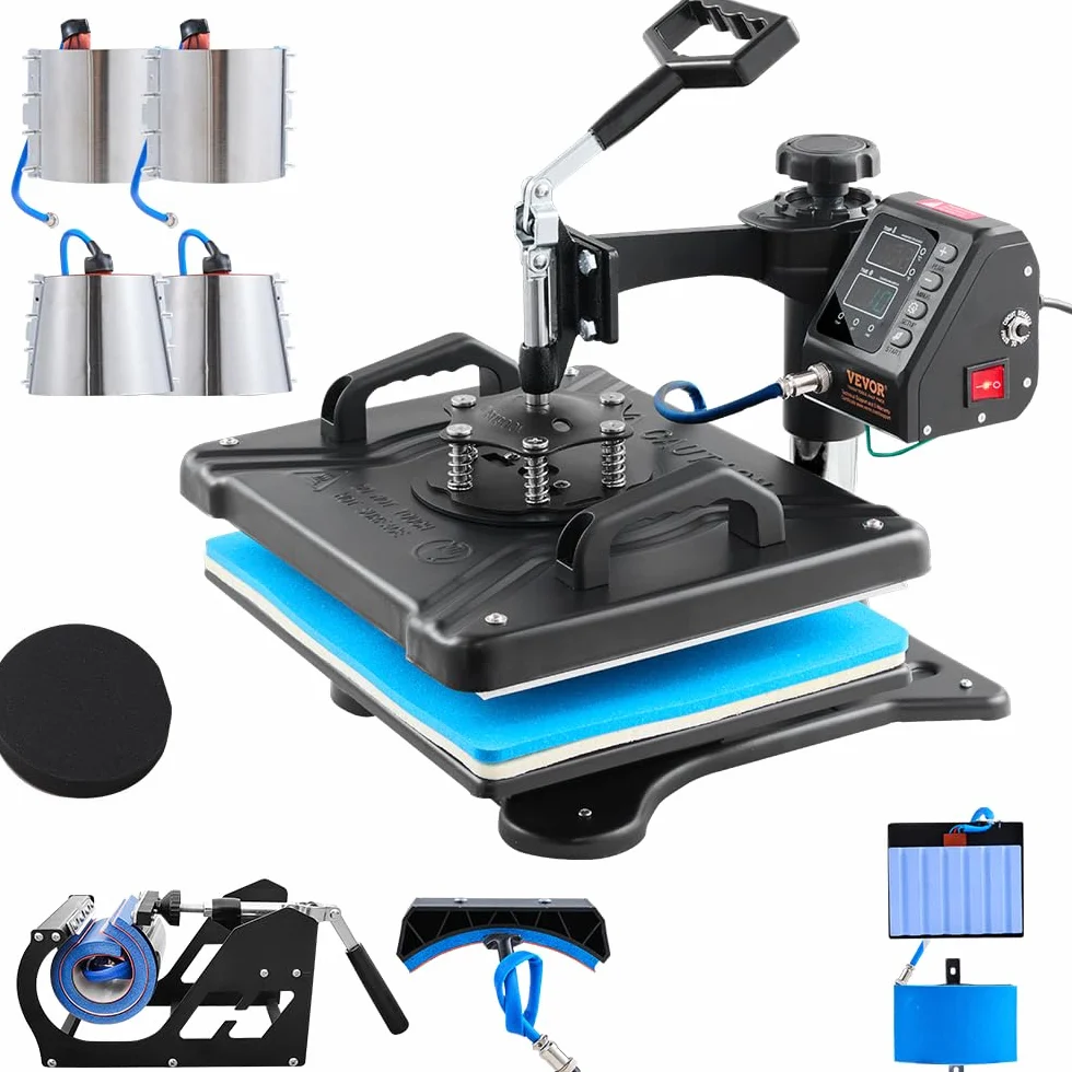 VEVOR 10 in 1 Pressa a Calore Multifunzionale, 30 x 38 cm Stampa a Trasferimento Rotante 360° Macchina di Sublimazione, Pressa Termica per T-shirt, Tazze, Nero