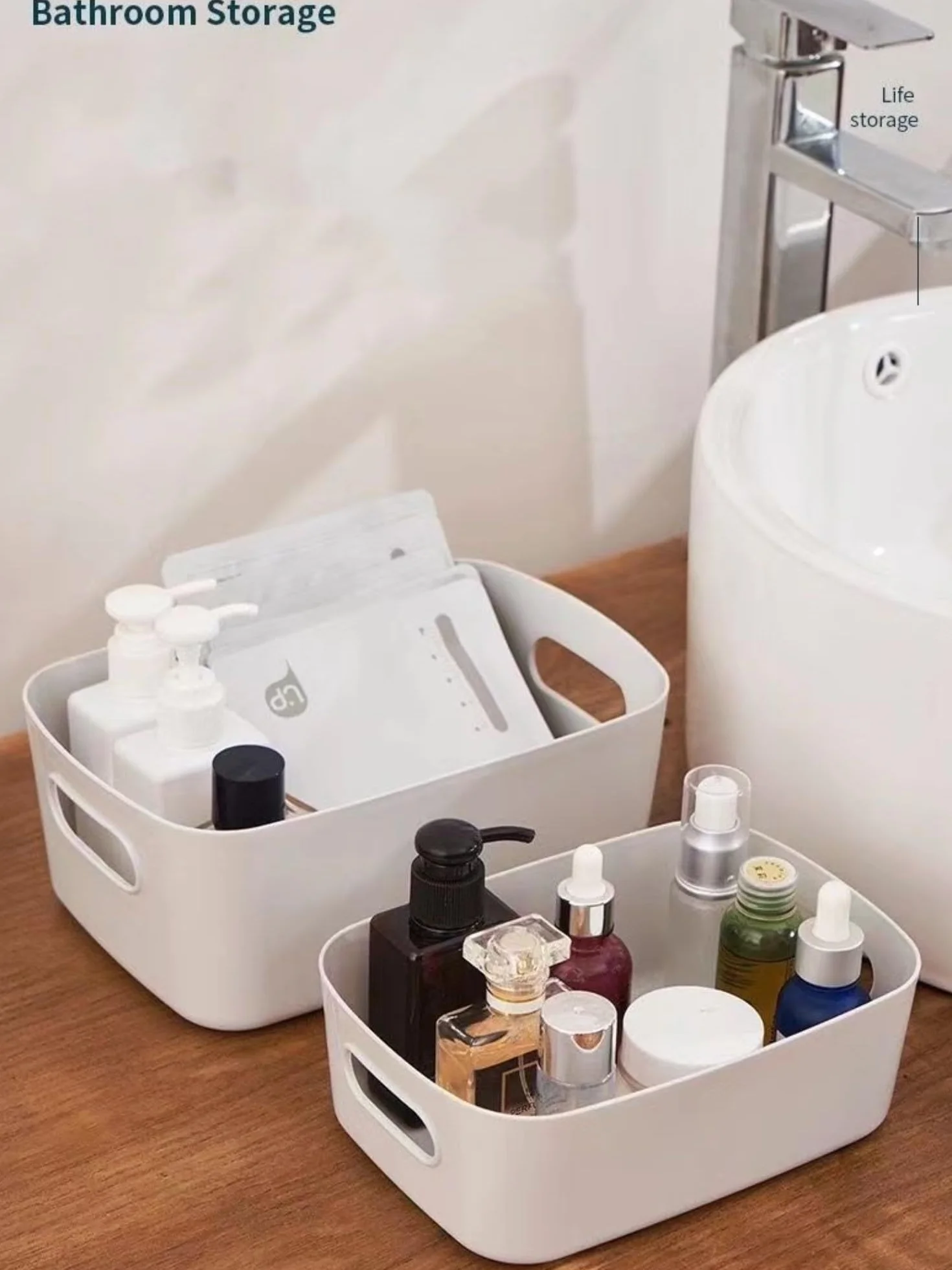 Cestini Portaoggetti Plastica con Manici Contenitori Armadio Organizer Cucina Bagno Cosmetici Bianco 25x17x10cm 6 Pack