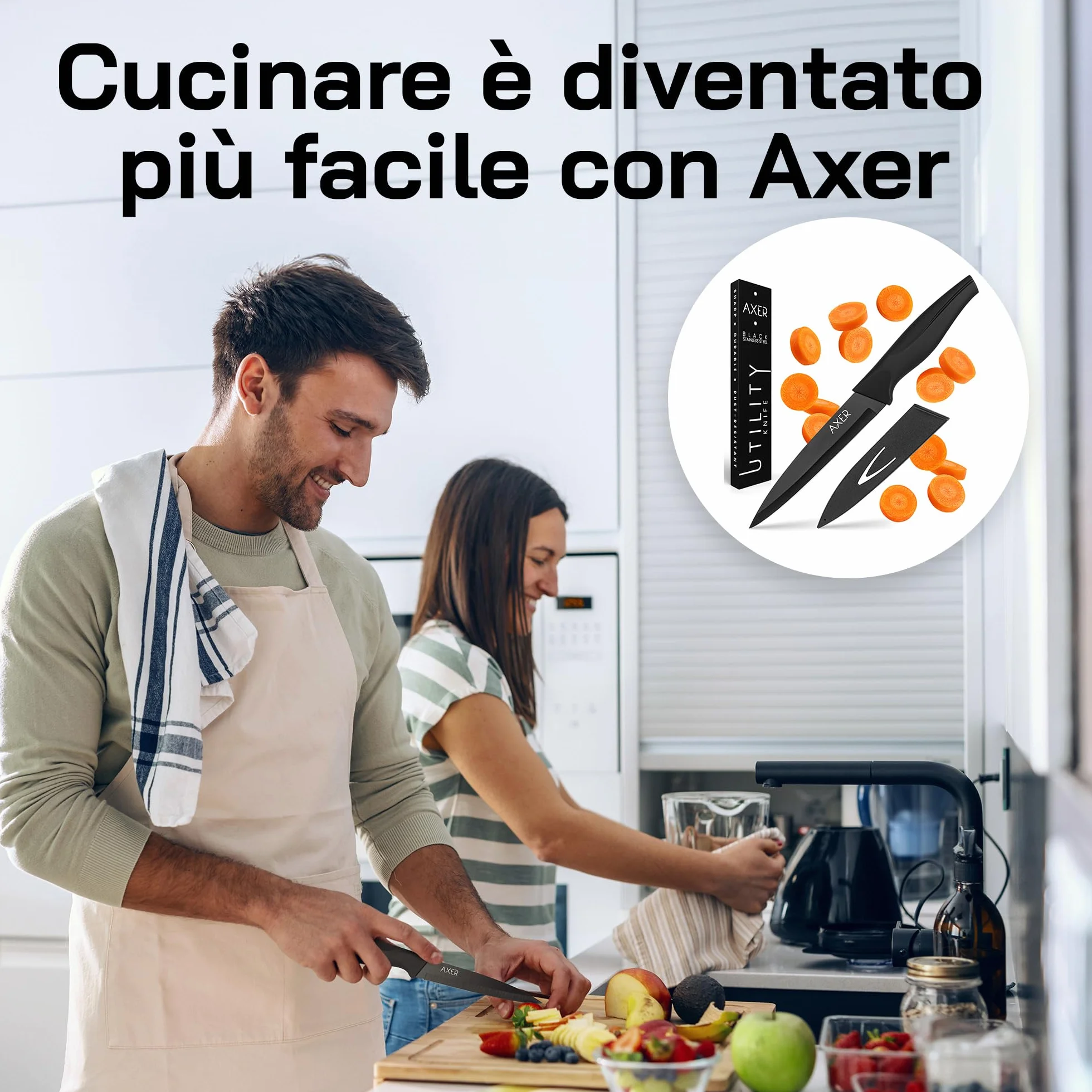 Axer Coltello da Cucina Professionale Multiuso 12 cm Lama Liscia