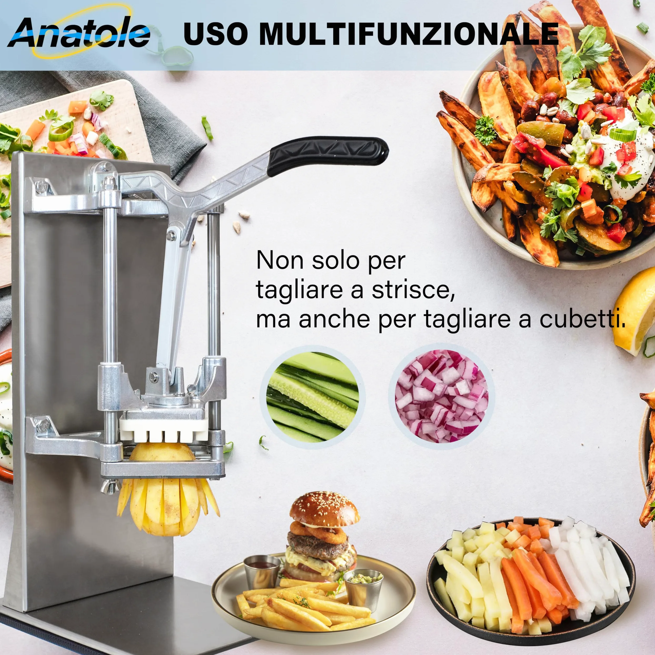 Anatole Tagliapatate per Patate Fritte Professionale Verticale con Lame 6mm 9mm 13mm Acciaio Inox Taglia Patatine Fritte Manuale Commerciale Tagliaverdure Multifunzione per Cipolle Carote Cetrioli