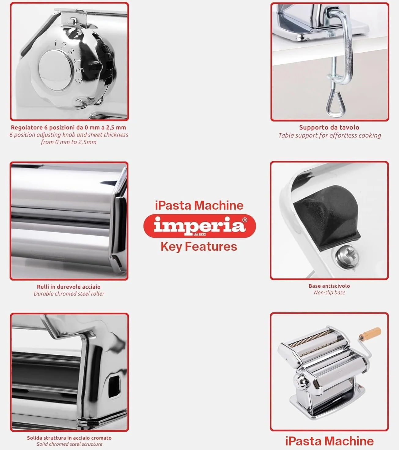 Imperia IPASTA Classica Macchina per la pasta in acciaio Made in Italy sfogliatrice manuale bianco