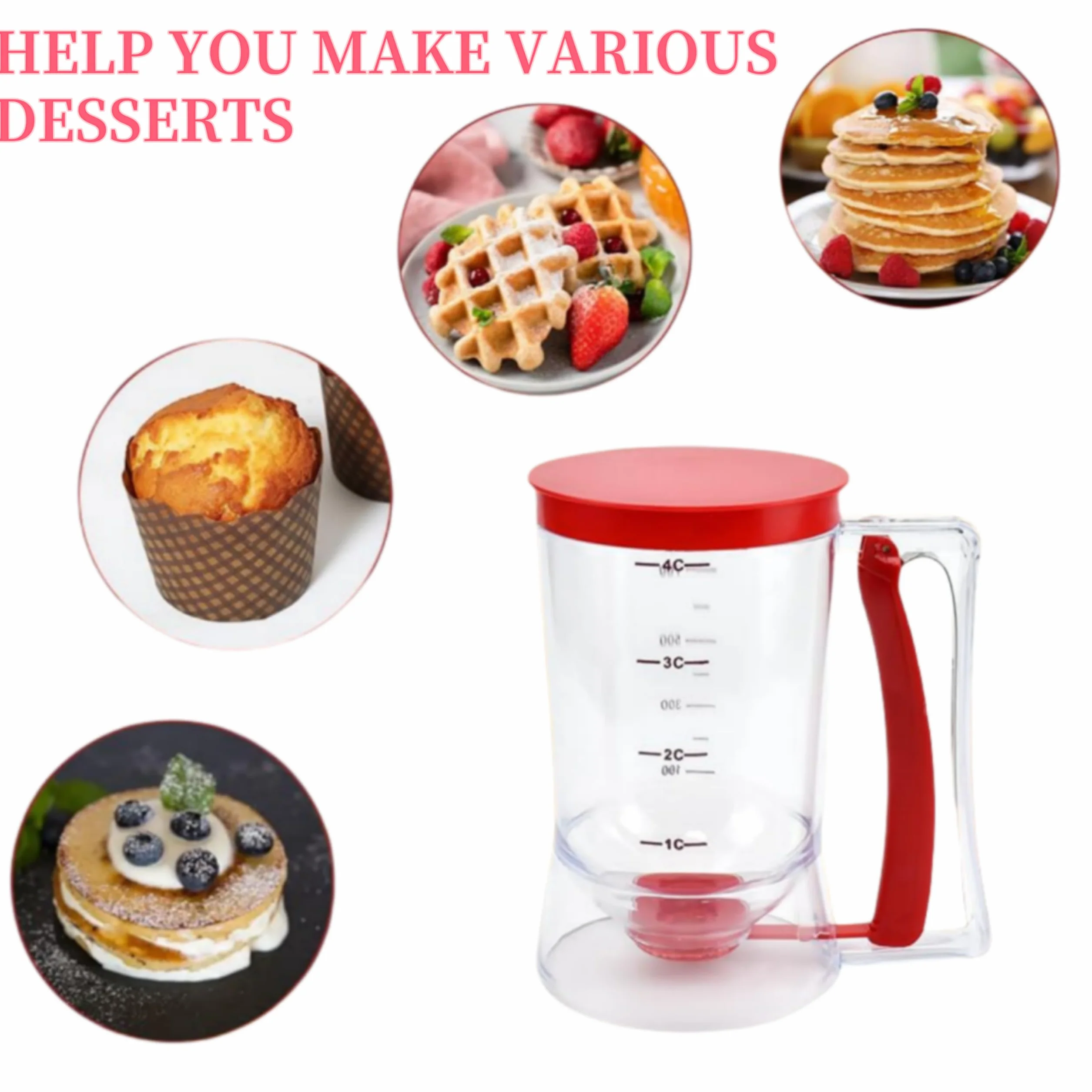 Dispenser di Pasta per Pancake con 1 Pennello da Cucina in Silicone, 900ml Dispenser Manuale per Pastella per Pancake ABS Separatore di Pastella per Cupcake Antigoccia per Torta Waffle Muffin