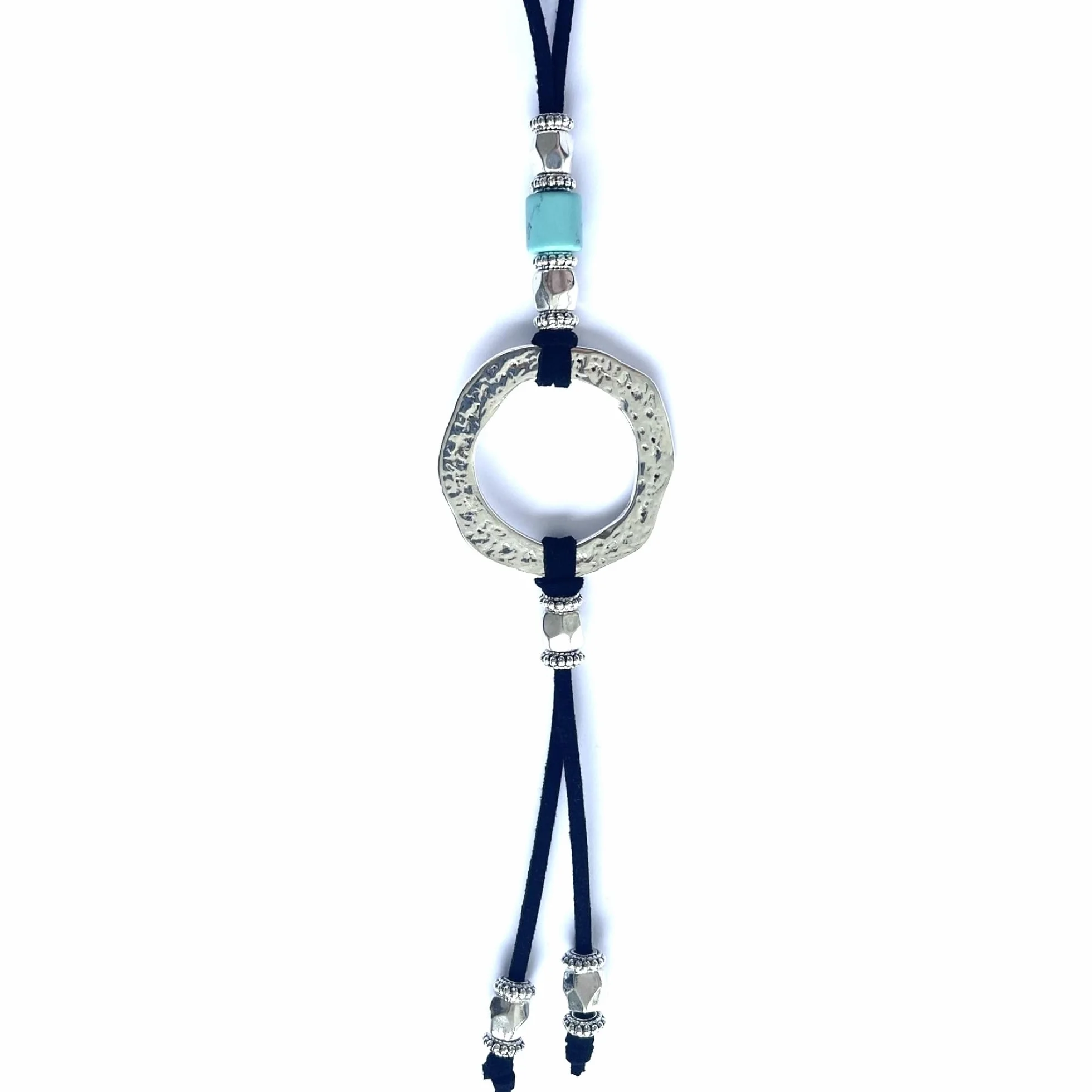ASTER ALHELÍ Colgante Donna Cerchio e Turchese Argento - Collana Lunga Donna in Antelina Nera con Altezza Regolabile e Elementi in Zamak Argentato