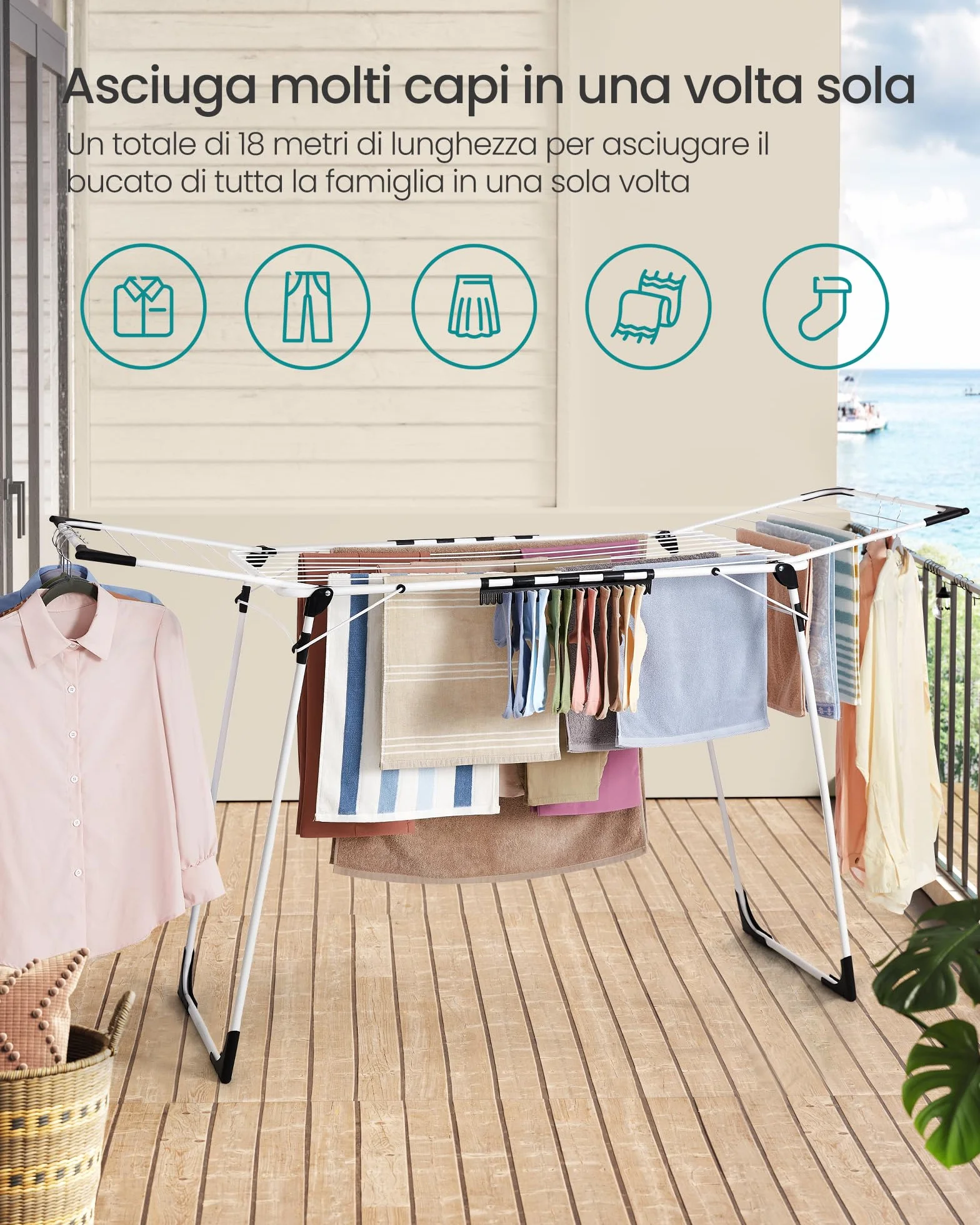 SONGMICS Stendibiancheria metale 56,5 x 173 x 96,5 cm con supporto per calze