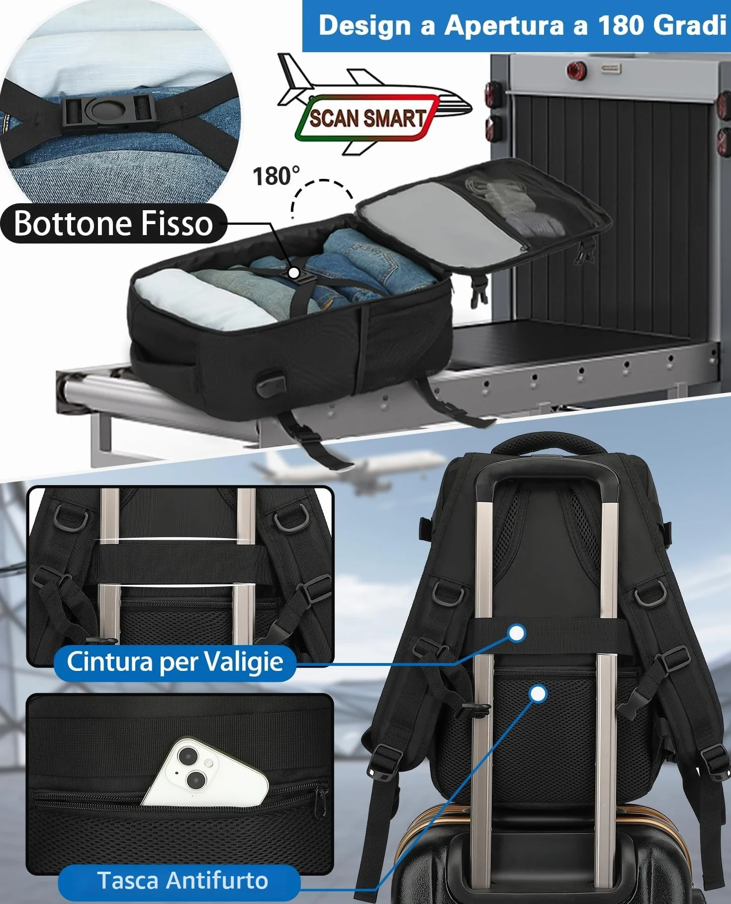 KLOSTAIN Zaino Ryanair 40x20x25 Bagaglio a Mano 20L Borsa da Cabina Nero