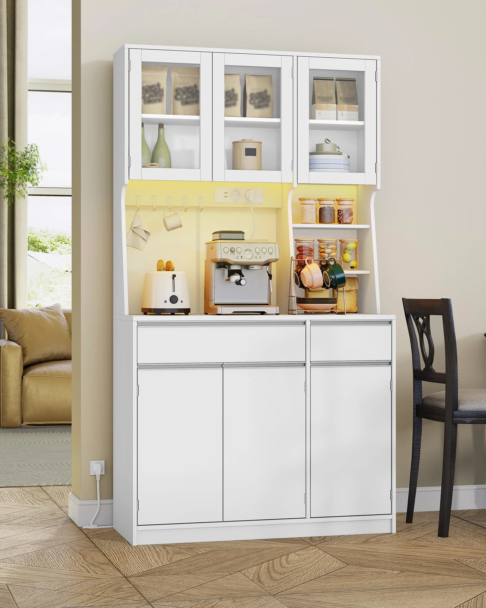Hzuaneri Credenza cucina, mobile buffet, armadio domestico con multipresa e striscia luminosa a LED, piano di lavoro e 2 cassetti, ripiani regolabili, cucina, soggiorno, 40x100x180cm, Bianco