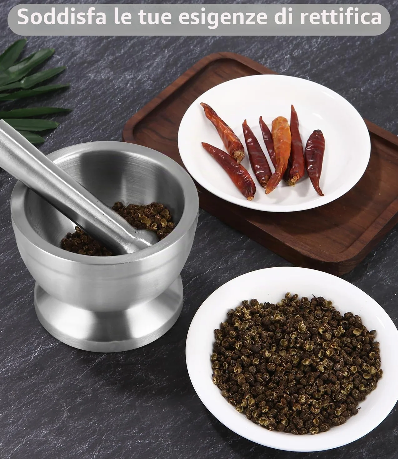 Set di Mortaio con Pestello da 350 ml in Acciaio Inox con Spazzola, Cucchiaio e Coperchio in Silicone, Macinino per Spezie di Qualità Superiore, Frantumatore e Ciotola per la Vaniglia