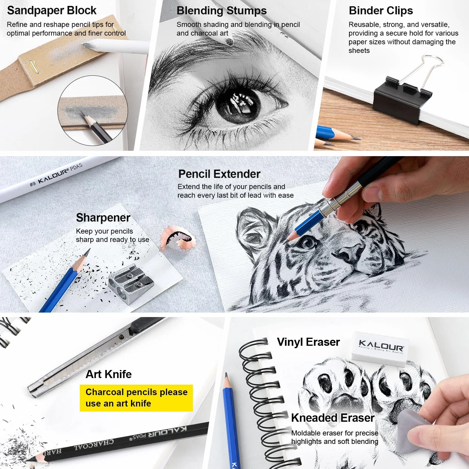 KALOUR PDAS 82 Set da disegno Kit per schizzi, Forniture artistiche professionali con matite fluorescenti, colorate, acquerellabili, metalliche, in grafite, carboncino,5 album da disegno e da colorare