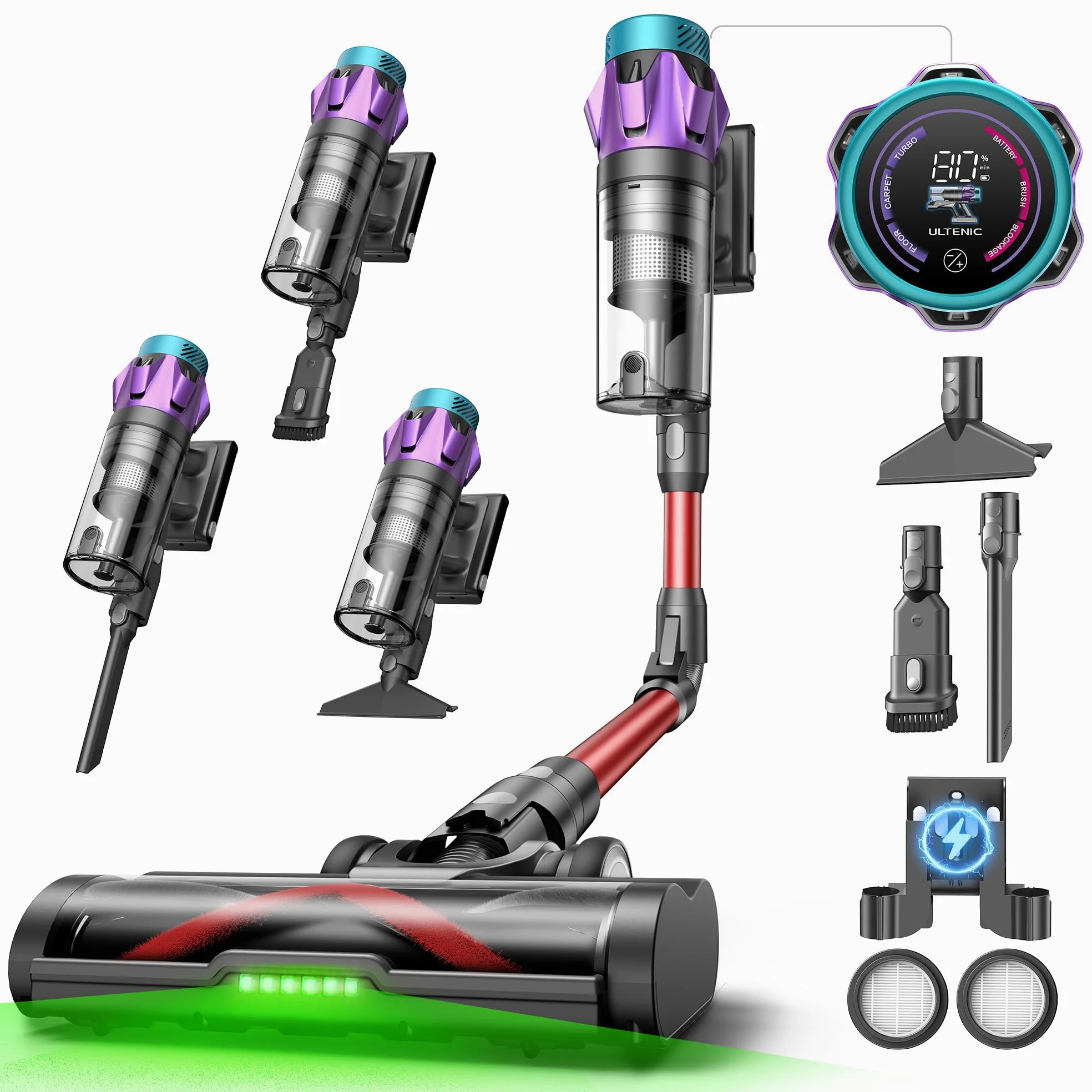 Ultenic 55Kpa/80Min Aspirapolvere Senza Fili U18, Scopa Elettrica Senza Fili Potente con Tubo Pieghevole, Filtrazione Multi-Cono,Display Intelligente, Anti-Groviglio per Peli Animali/Pavimenti/Tappeti