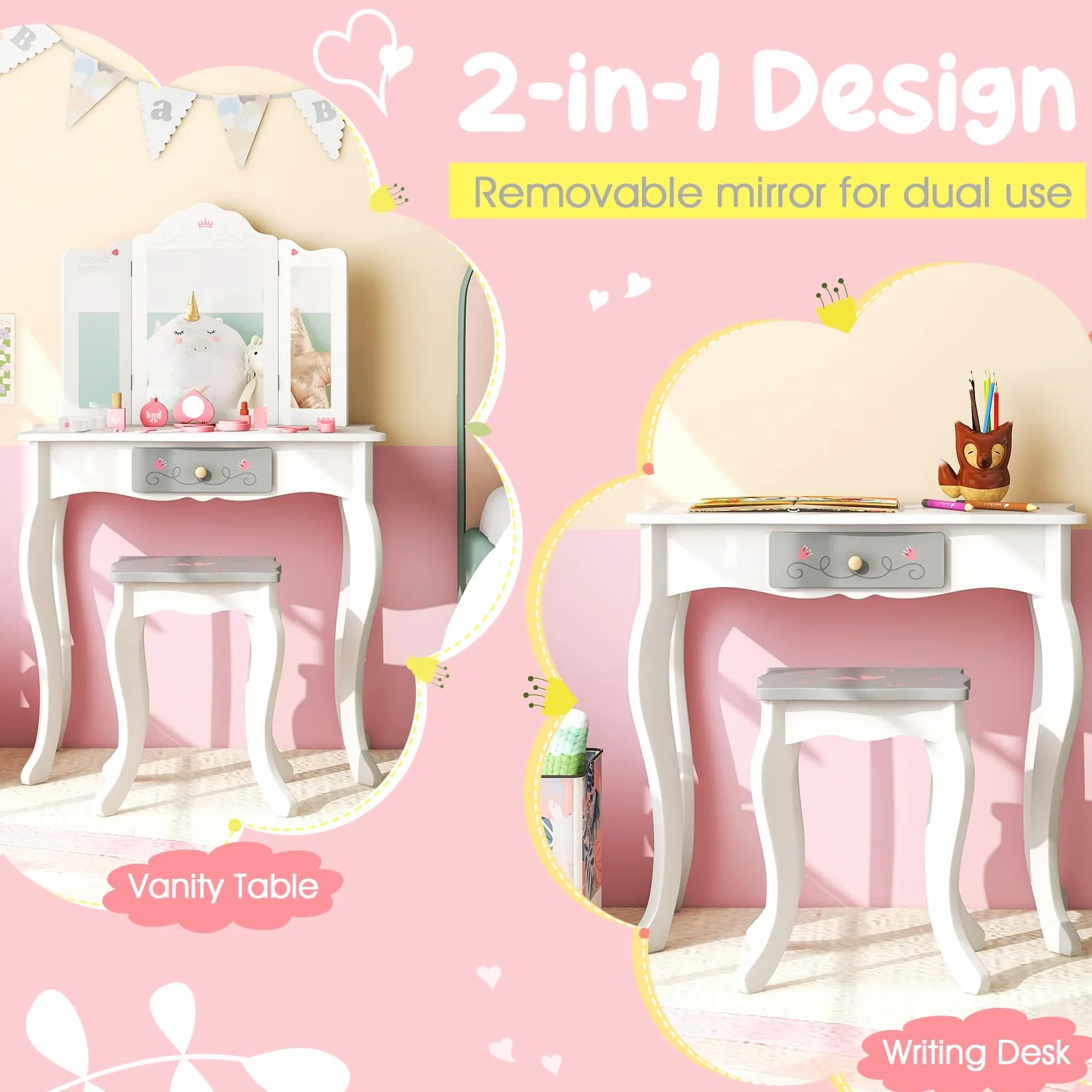 RELAX4LIFE Toeletta Trucco per Bambina, Specchiera Trucco con Sgabello e Accessori da Trucco, Toeletta in Legno, Specchio Rimovibile, per Bambini 3+ Anni (TRIPLO, 34x50x93cm)