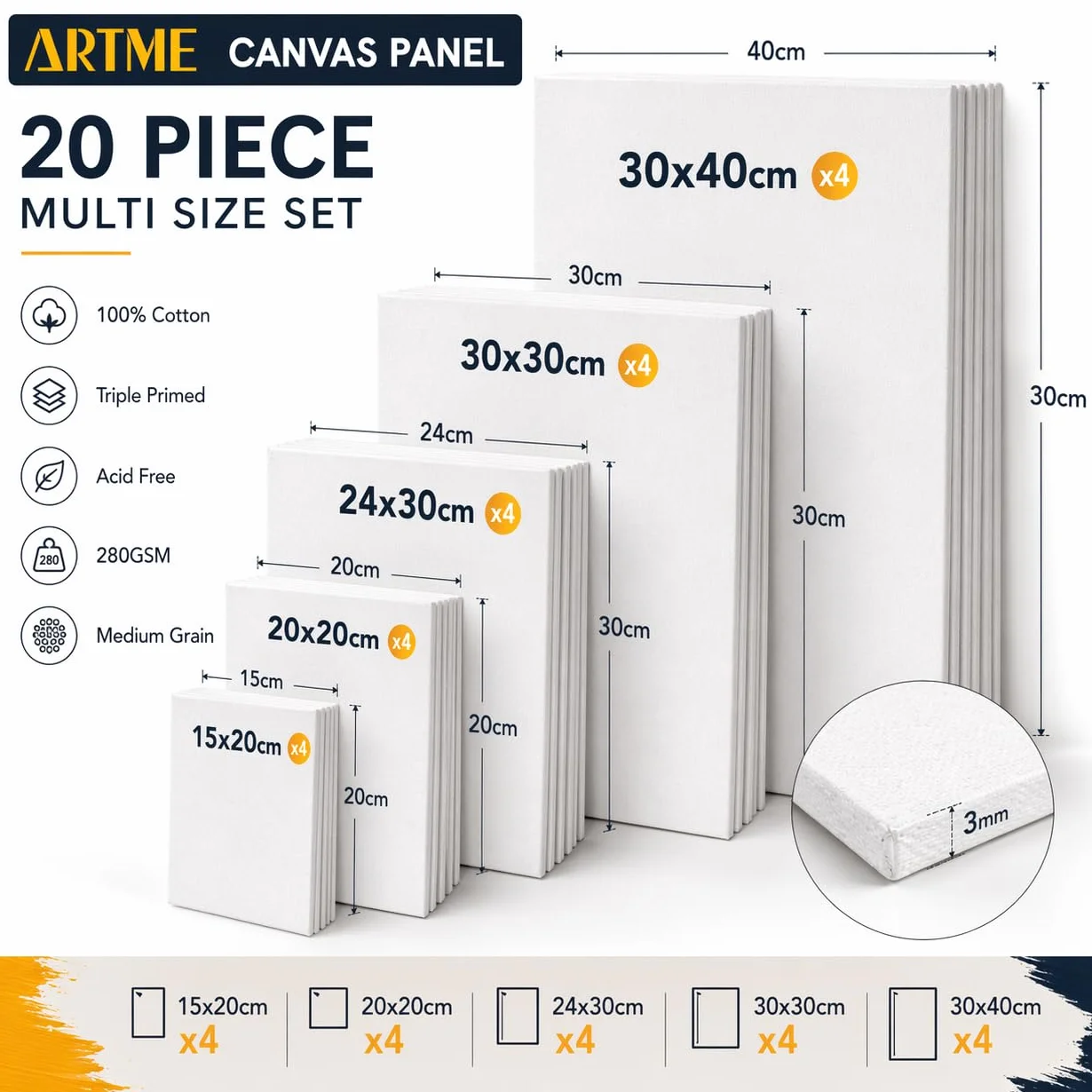 Artme Pannelli in Tela 20pz - 15x20,20x20,30x30,24x30,30x40cm Formati Assortiti Bianca per Pittura - 3mm 280GSM/ 100% cotone/Triplo con innesto/Senza acidi/Grana media /- Acrilico/Olio