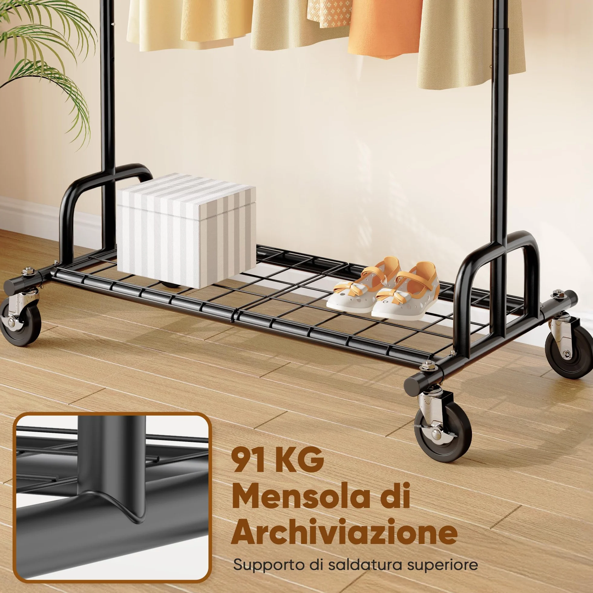 HOKEEPER Appendiabiti da Terra Resistente 238kg, Barra Estensibile con Ruote Bloccabili e Ripiano, Salvaspazio per Camera da Letto, Appartamento, Lavanderia, Nero