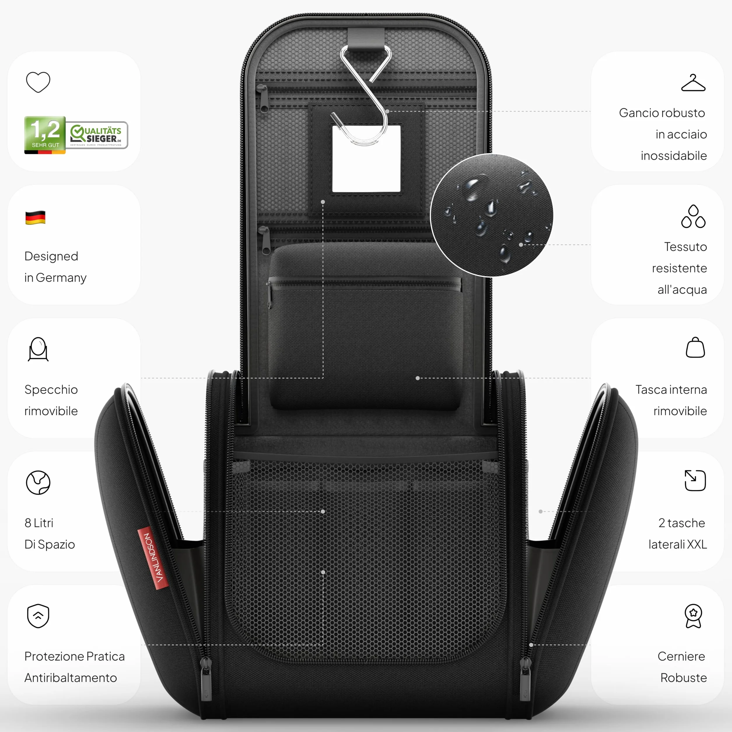 Beauty Case da Viaggio [Capacità 8L, Design 2025] | Trousse Organizer, Porta Trucchi con Gancio, Borsa da Bagno Pratica per Viaggio - Ideale Uomo/Donna