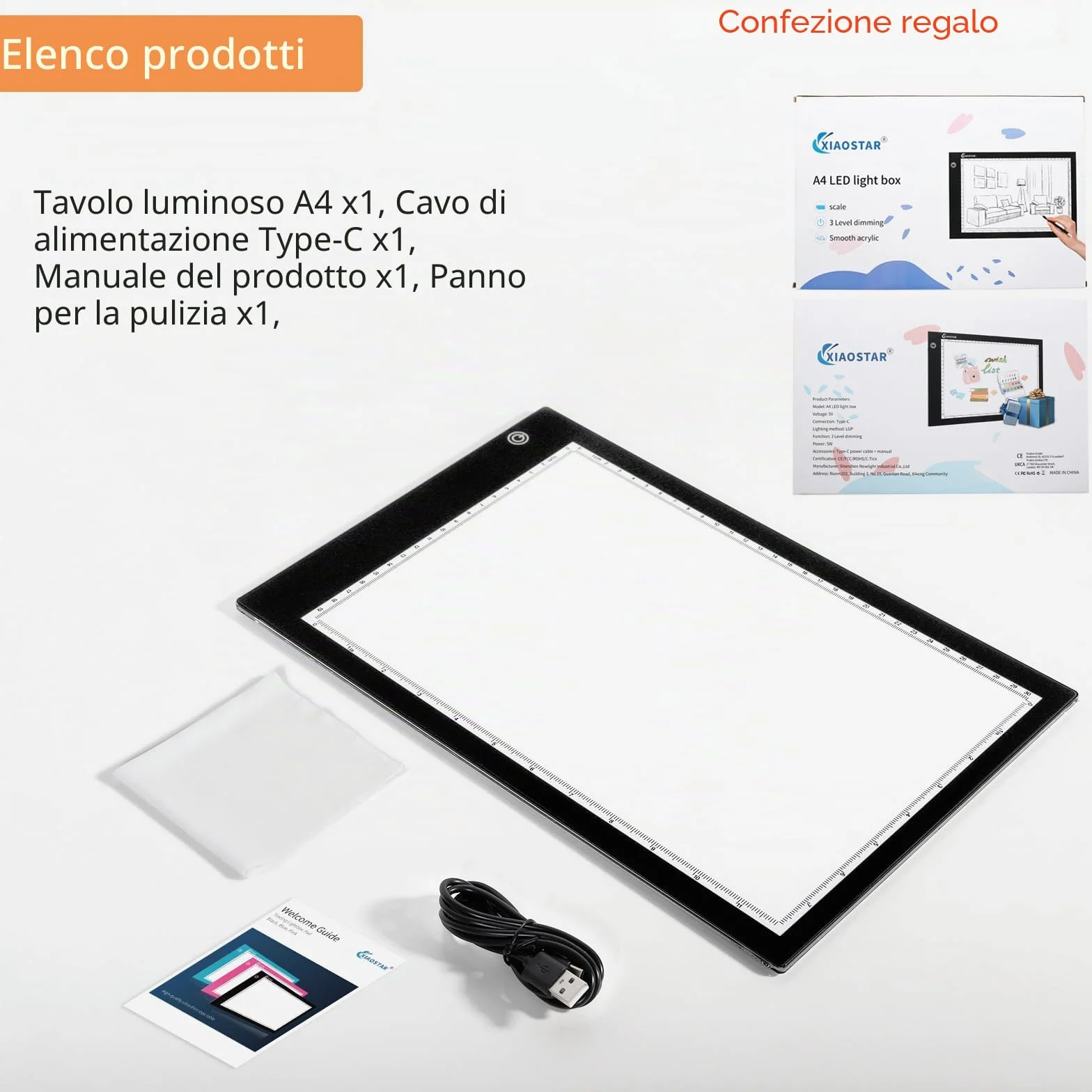 Tavoletta luminosa LED A4, lavagna copiativa sottilissima con luminosità regolabile e cavo USB