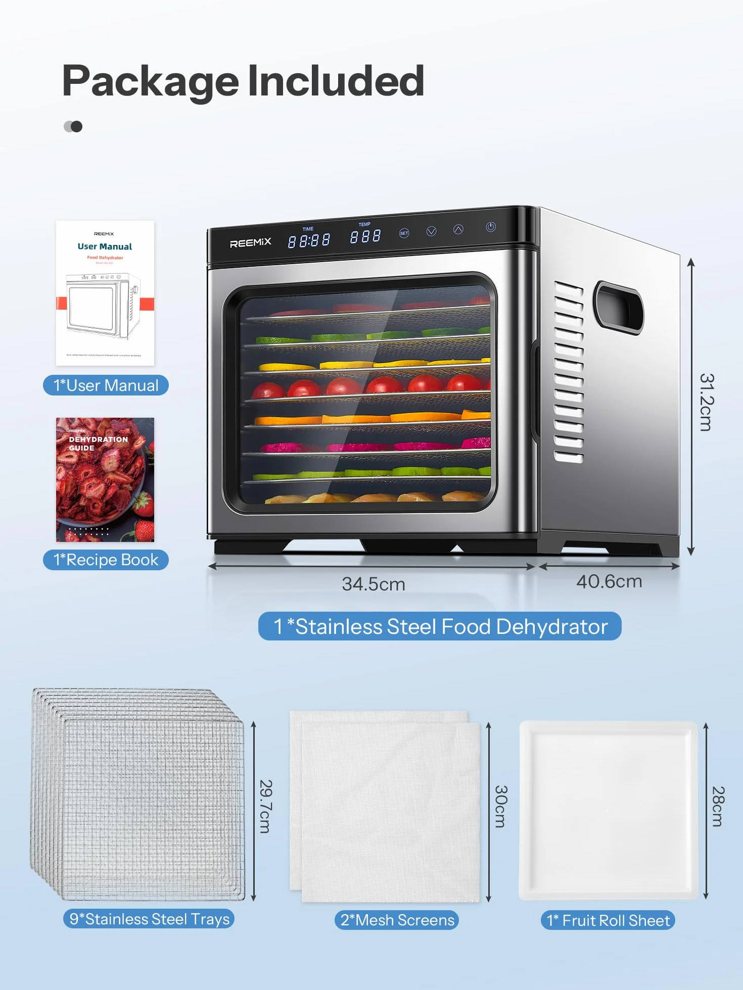 Essiccatore per alimenti in acciaio inox 1000W, controllo digitale, 9 vassoi, superficie 0,8 m², temperatura 30–75°C, timer 30 min–48h, display LCD touch