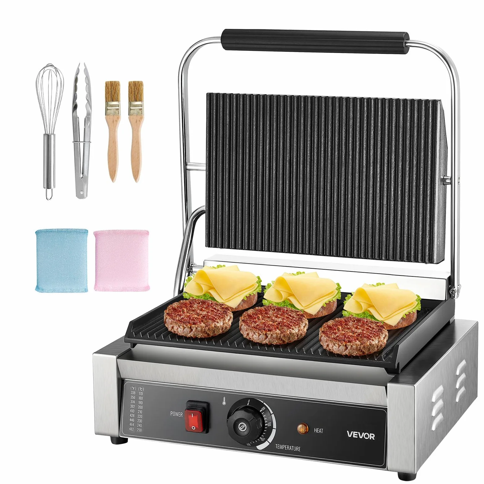 VEVOR Piastra Elettrica per Panini Professionale, 2200 W, in Acciaio Inox con Maniglia e Controllo della Temperatura, Piastra Smaltata Scanalata Completa da 34 x 23 cm, per Bistecche, Pancetta