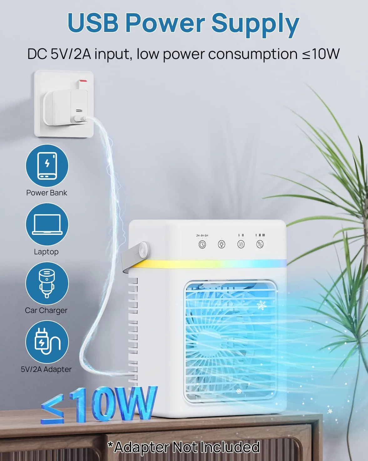 Condizionatore Portatile 900ml Silenzioso, Raffreddatore D'aria 3 Velocità & 3 Modalità, Climatizzatore USB con Nebulizzazione 4μm, Luci LED & Risparmio Energetico, Ideale per Casa, Ufficio, Campeggio