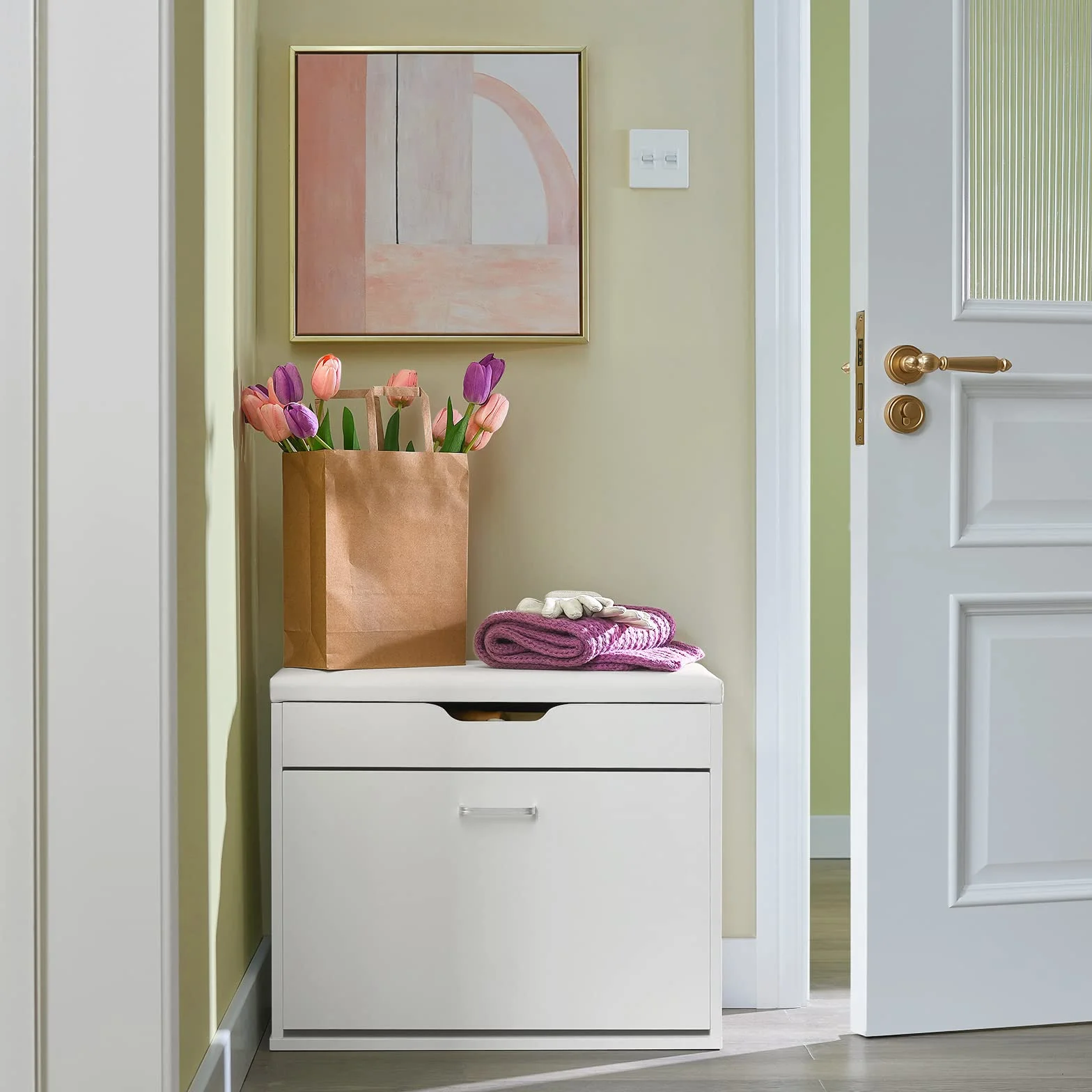 SoBuy Scarpiera Salvaspazio Slim Ingresso Panca con Contenitore Nascosto Bianco 60x30x50cm 120kg FSR95-W