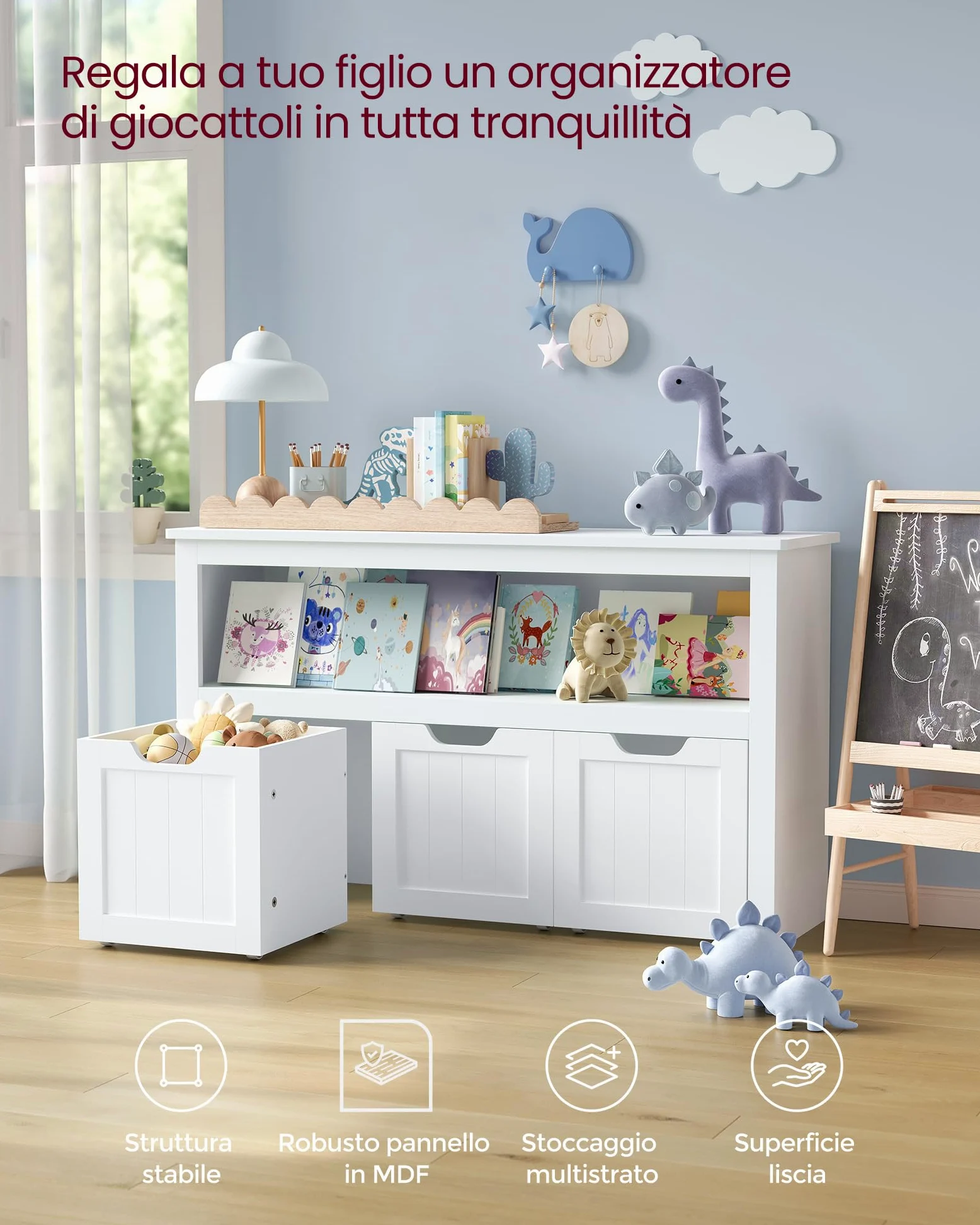 VASAGLE Scaffale per Bambini, Porta Giochi per Bambini, Multiuso, 3 Contenitori con Ruote, Porta Giocattoli, per Soggiorno Cameretta, 30 x 102 x 60 cm, Bianco Nuvola LHS380W01