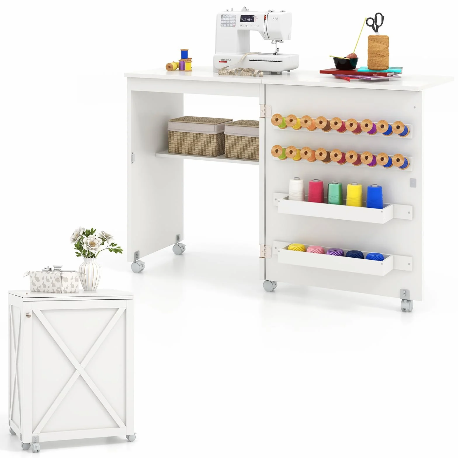 RELAX4LIFE Tavolo da Cucito Pieghevole, Armadietto per Cucito con 5 Ruote, Mensola, Ganci, Contenitori, Porta a Stalla, Mobiletto per Macchina da Cucire Salvaspazio per Soggiorno Casa (BIANCO)