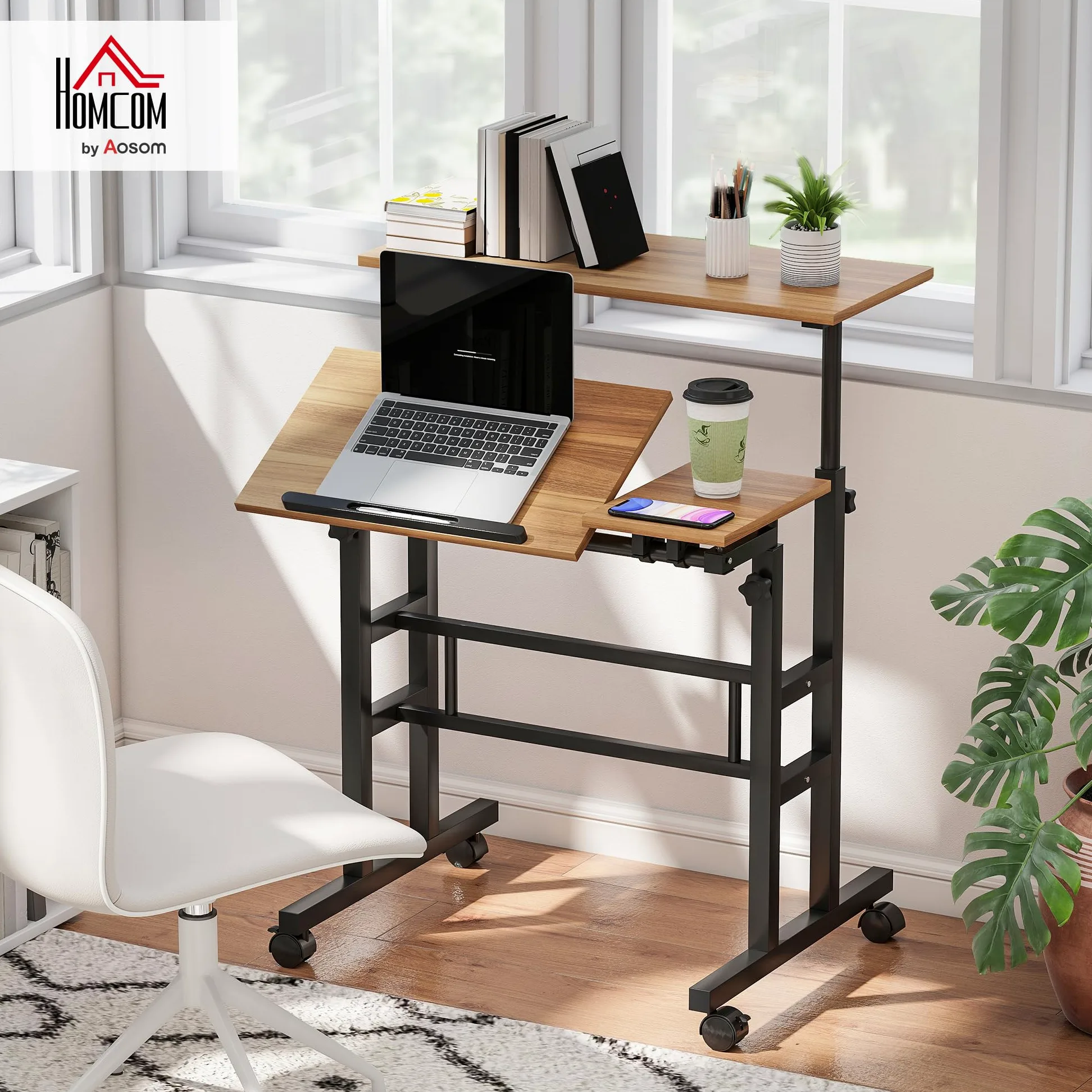 HOMCOM Scrivania sit-stand regolabile in altezza 70x60cm Marrone | Scrivania computer su ruote, piano inclinabile, postazione di lavoro per camera da letto, piccoli spazi