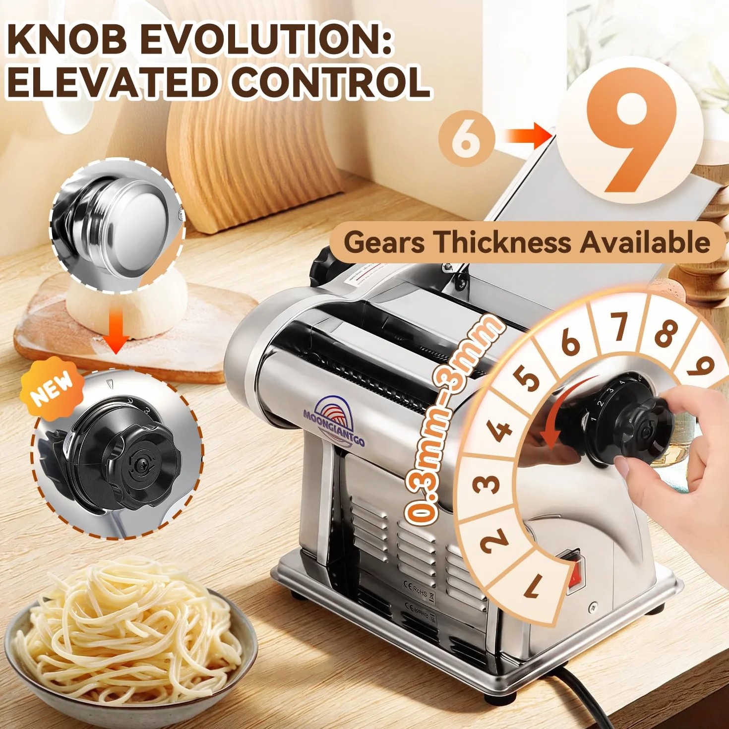 Moongiantgo Macchina per la Pasta Elettrica Pasta Macchina Fresca Acciaio Inox con Lame da 1,5 mm Fine e 4 mm Piatta, 9 Grado di Spessore Regolabile 0,3-3mm, Per Fettuccine, Tagliolini, Spaghetti