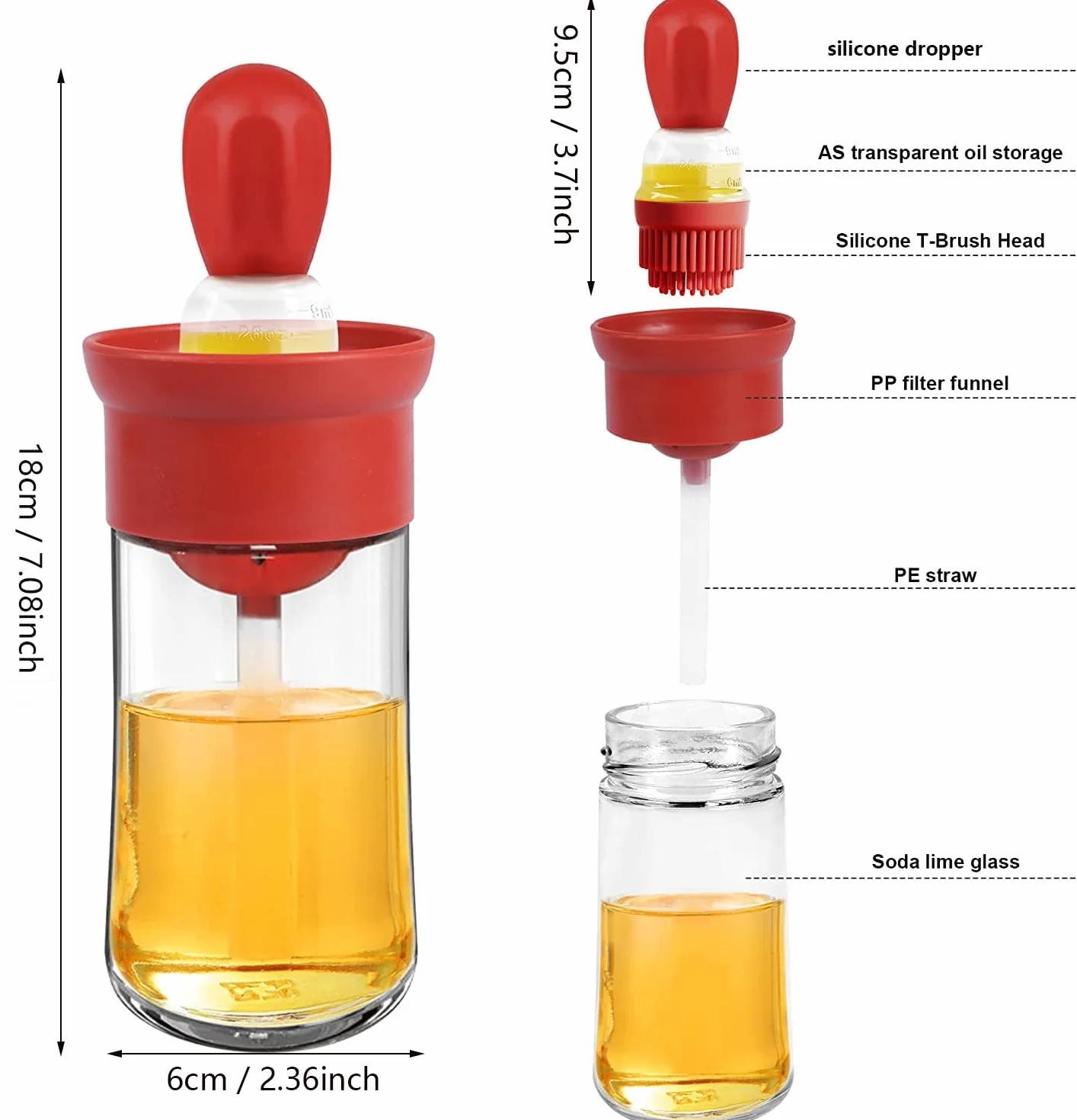 2pcs Bottiglia di Olio con Pennello in Silicone,180ml 2 in 1 Bottiglia di Erogatore di Olio con Spazzola Distributore di Olio in Vetro per Cucina Barbecue Pasticceria (blu+rosso)
