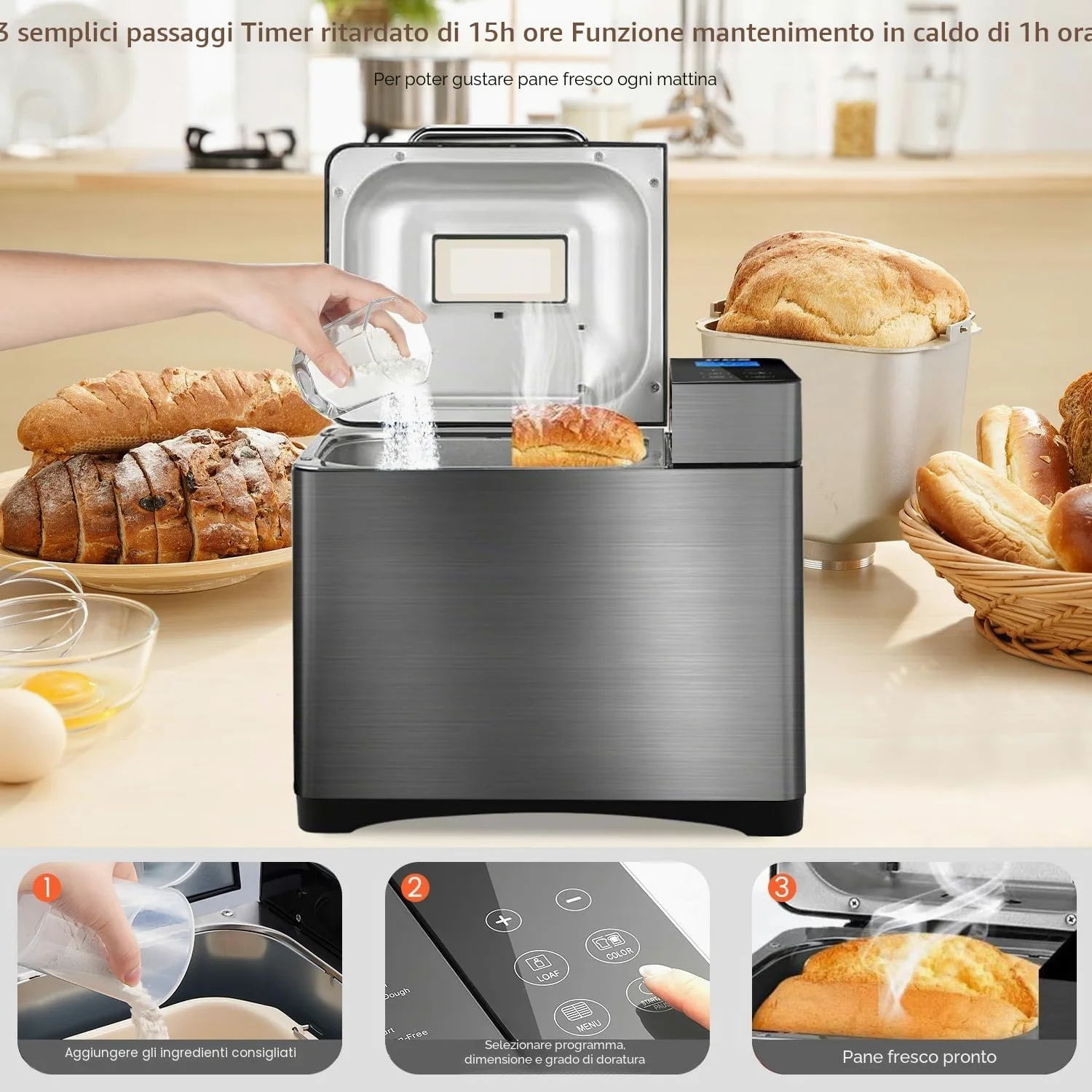Macchina per il pane di alta qualità in acciaio inox con stampo sano in ceramica, touch screen intelligente e doppi sensori di temperatura, 17 programmi automatici, distributore automatico di