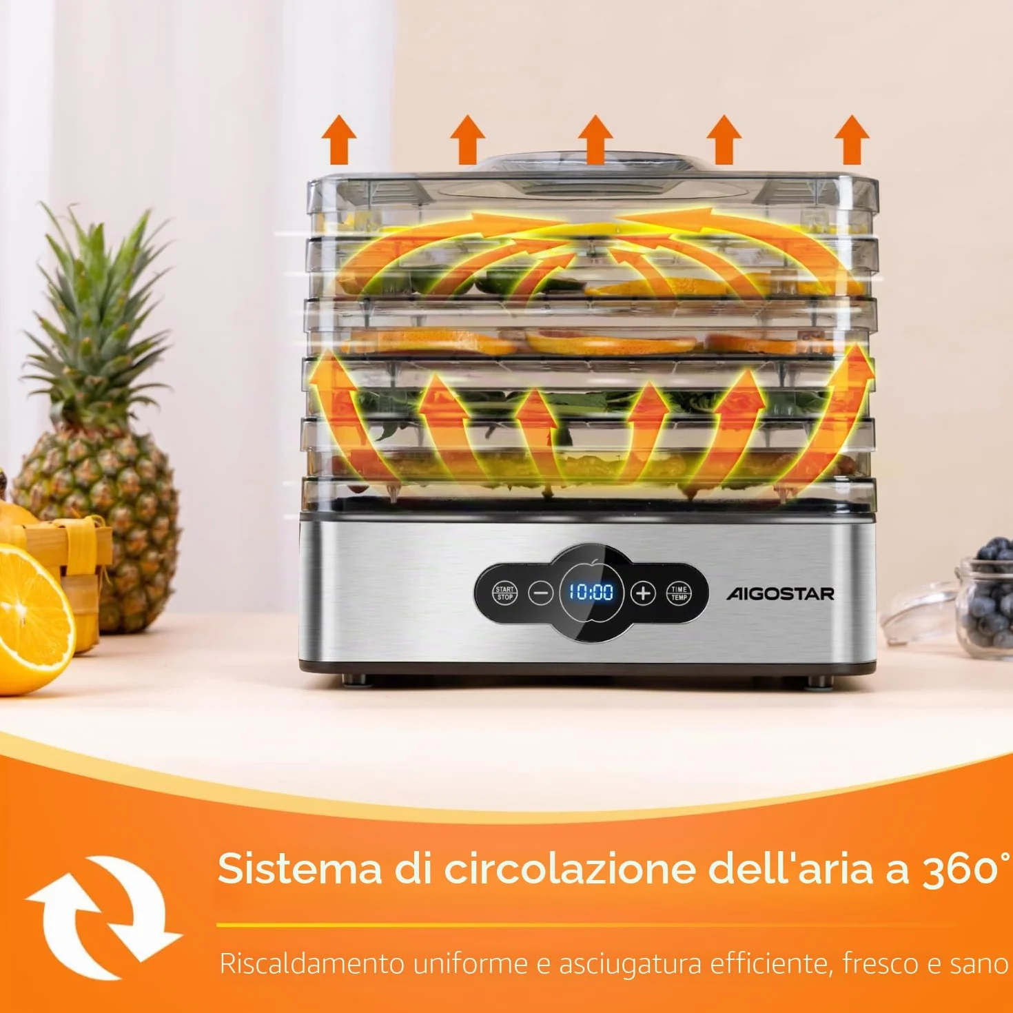 Aigostar Crispy - Essiccatore alimentare, 240W, 5 vassoi, essiccatura automatica, ottimo per frutta, carne, verdura ecc. controlli digitali, impostazione manuale di tempo e temperatura. Senza BPA.