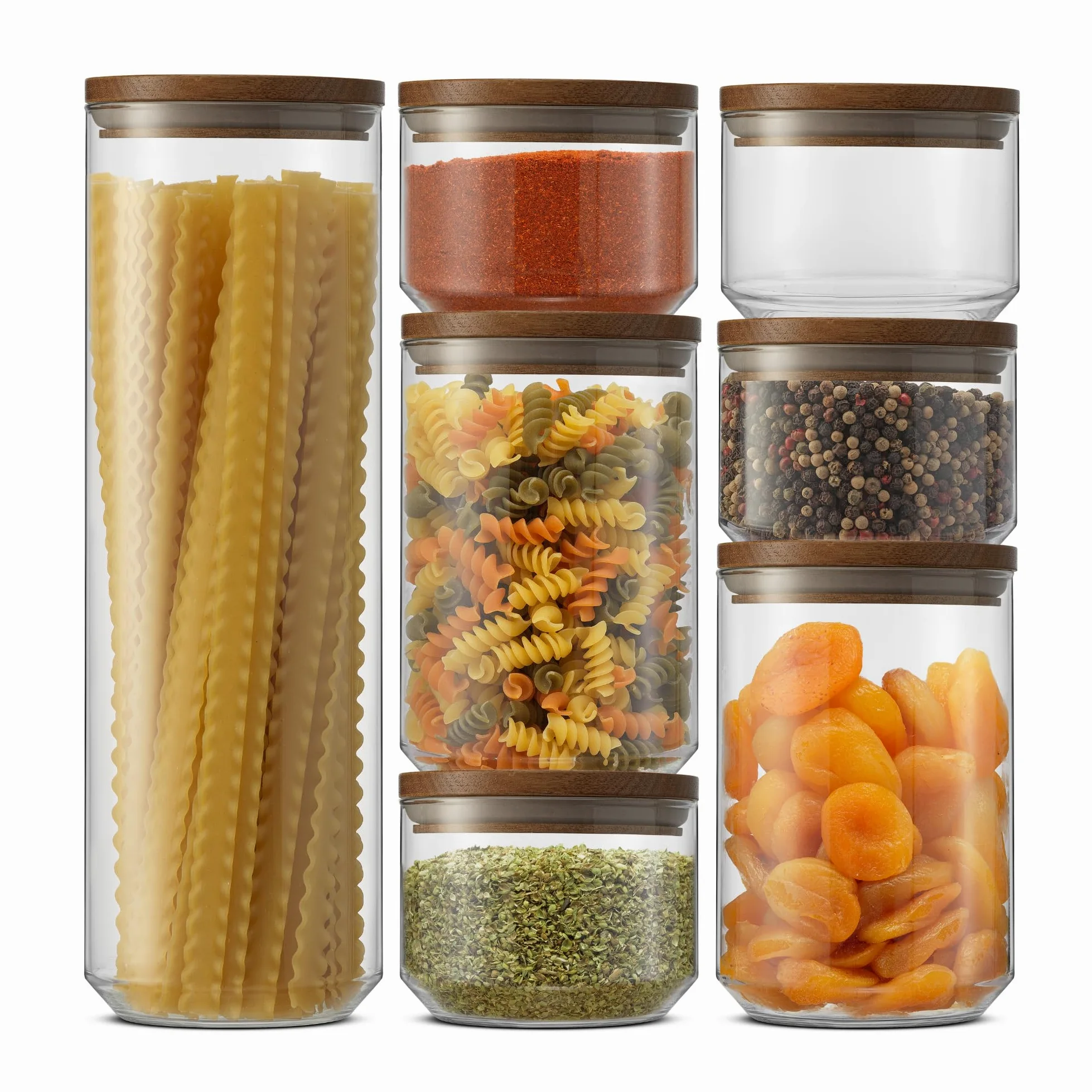 JoyJolt Holden - Set di 7 contenitori impilabili in vetro con coperchio, ermetici per alimenti, con coperchi in legno di acacia, contenitori rotondi impilabili e contenitori da cucina per pasta