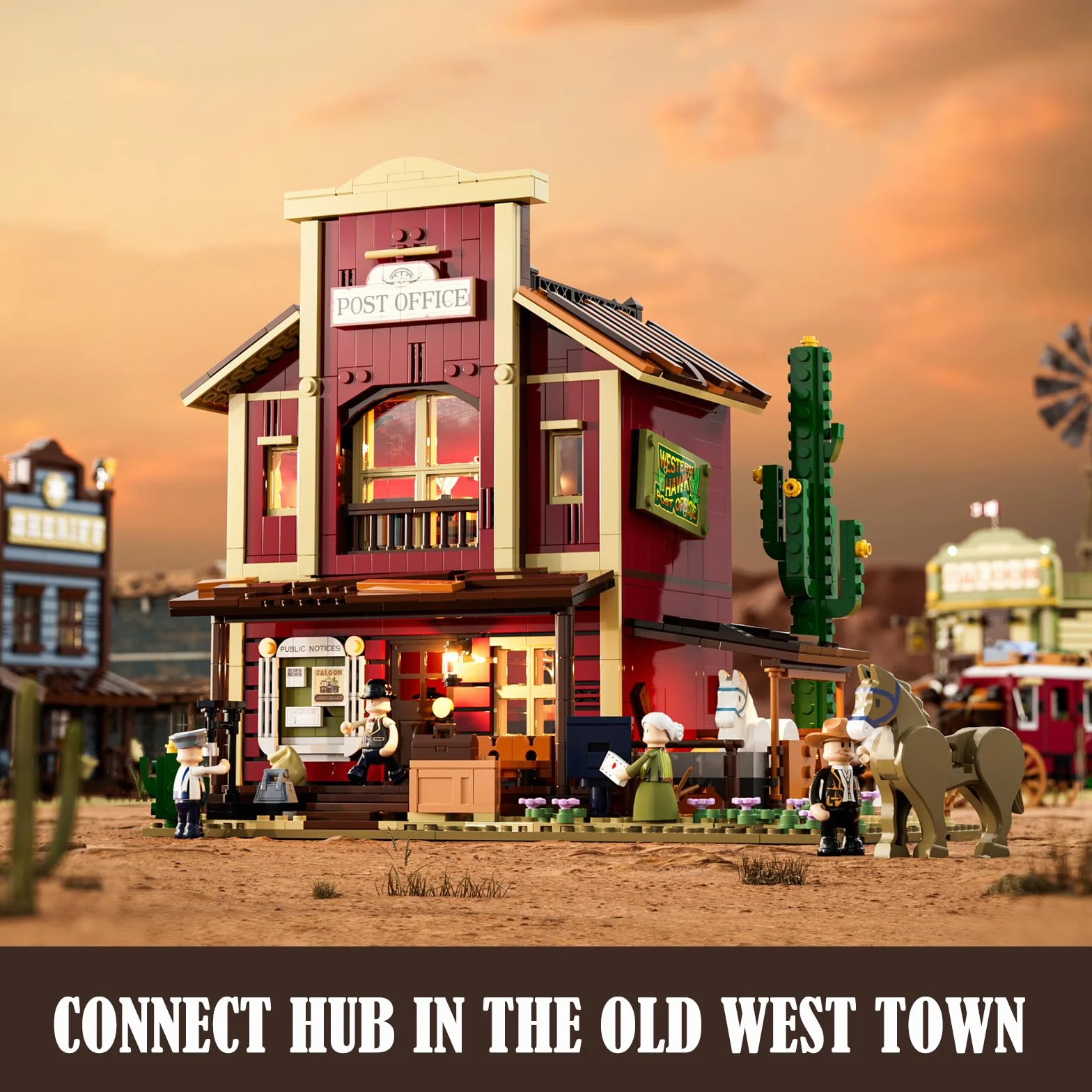 FUNWHOLE Ufficio Postale Western 1692 Pezzi Edificio Modulare Far West 6 Luci LED Modello Città Cowboy