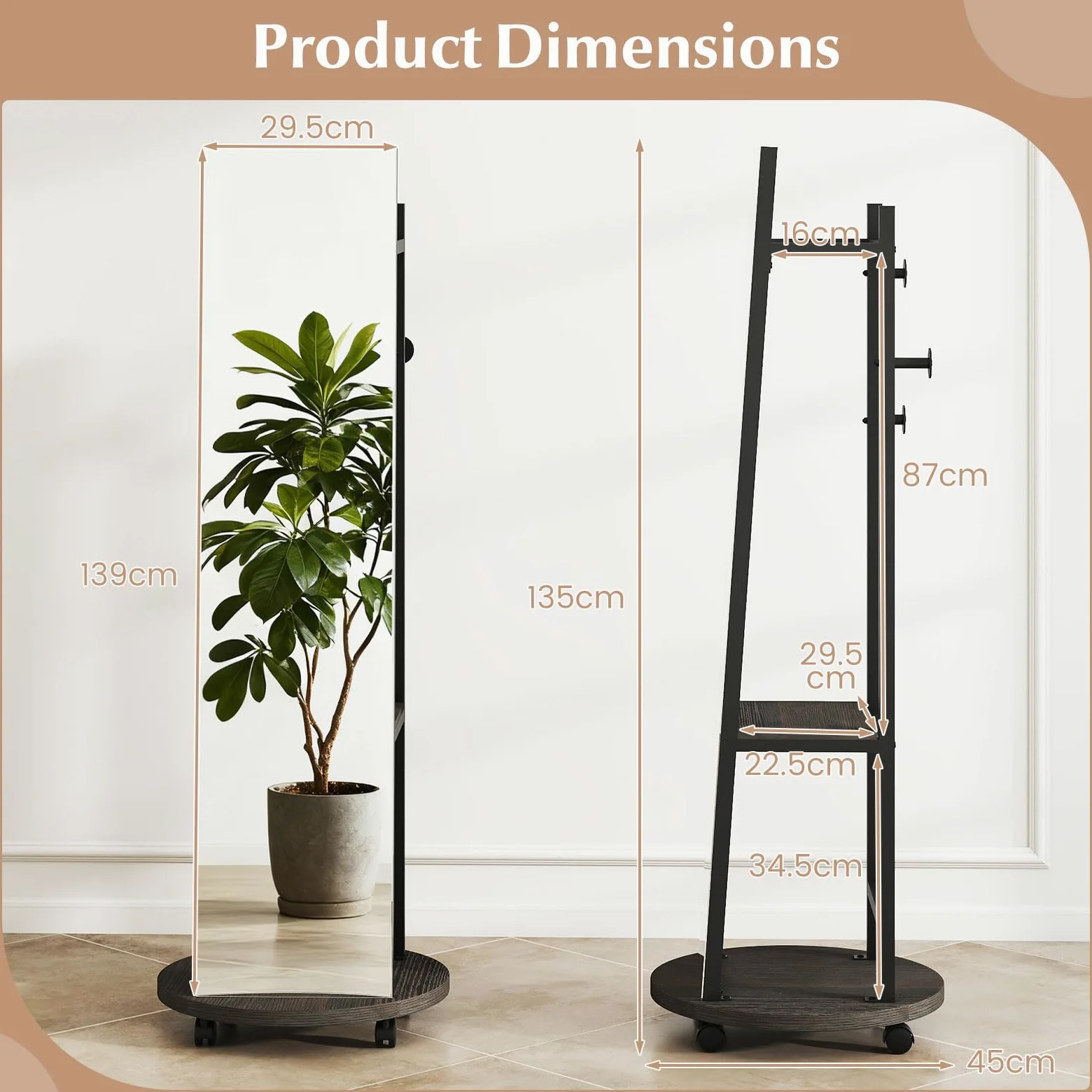 GIANTEX Specchio a figura intera, specchio da terra con appendiabiti, 45 x 135 cm, grande specchio con vetro infrangibile, ganci, ripiani, ruote, per ingresso, soggiorno, camera da letto (nero+noce)
