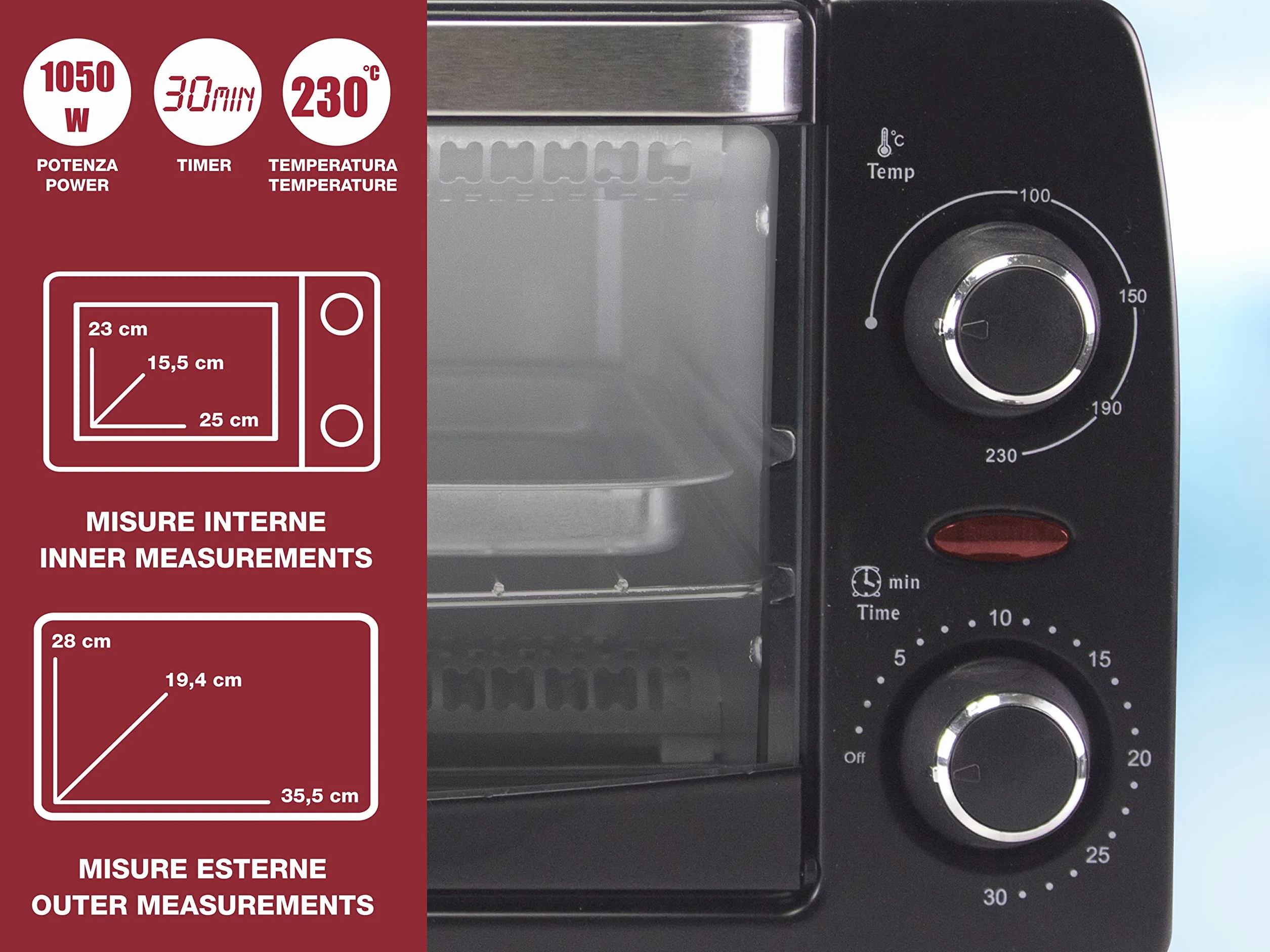Beper Fornetto Elettrico 12L, Elementi Riscaldanti al Quarzo, Temperatura Regolabile 230°C, Nero