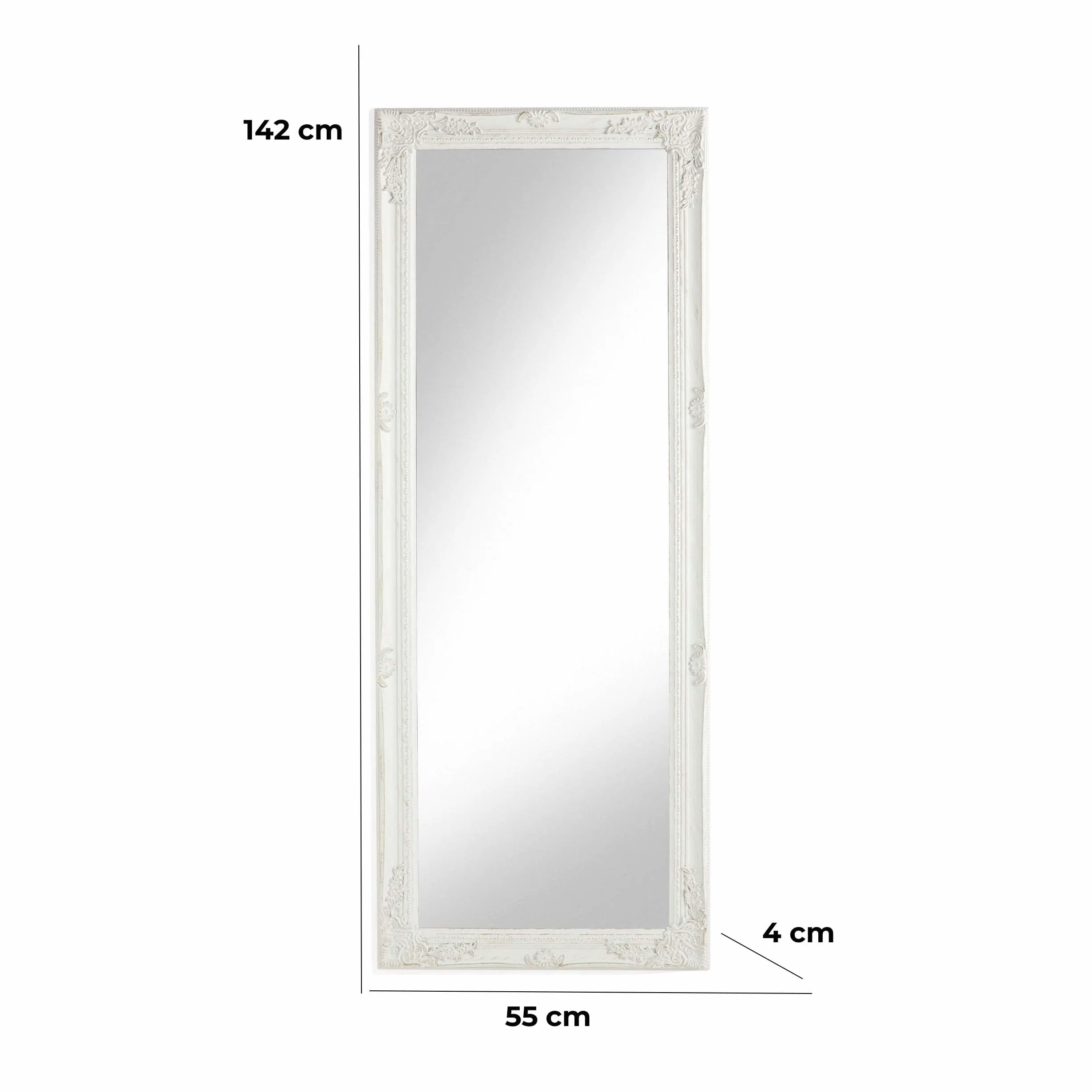 Baroni Home Specchio in Legno Bianco con Cornice Shabby, Specchiera da Parete Rettangolare per camera da letto, bagno o soggiorno, Specchio Shabby Bianco Anticato, 55x142 cm