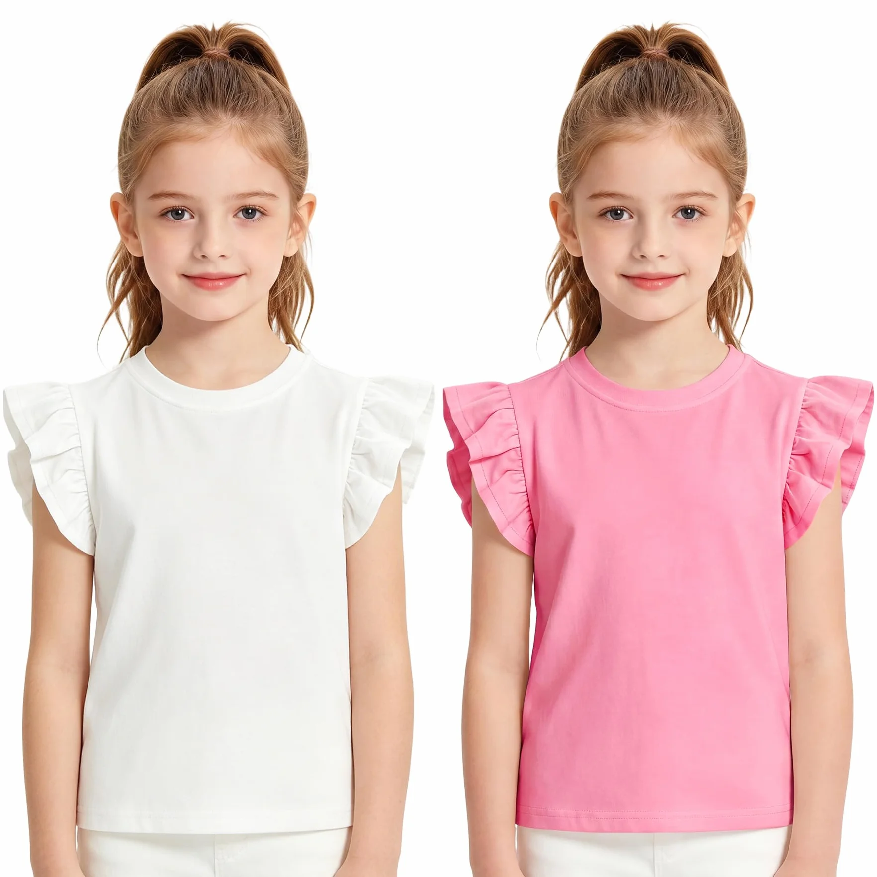 T-Shirt Bambina Ragazze Set di 2 Cotone Manica Farfalla Maglietta Collo Rotondo Top Morbido Casual Unicolore Tee Scuola Parco Estate Abbigliamento per Ragazza Bambine 4-10 Anni