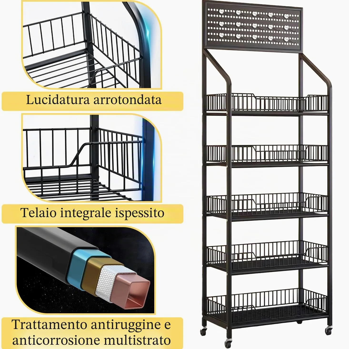 Espositore snack per vendita al dettaglio, scaffali vendita a 5 piani, carrello espositivo caramelle con ruote e ganci, organizer in metallo per dispensa