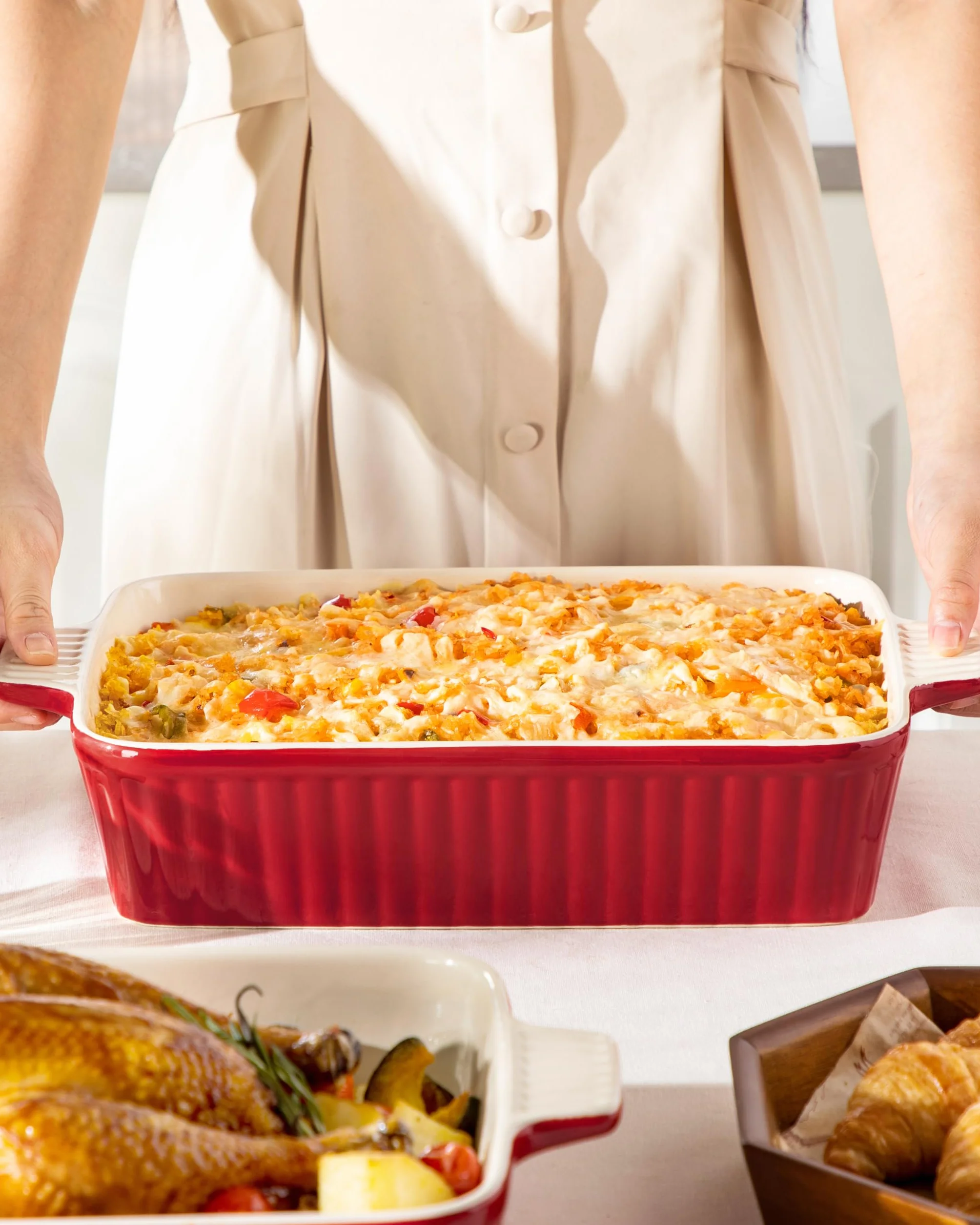 MALACASA Serie BAKE, Teglia Rettangolare in Porcellana da 4200 ml, Grande Teglia con Manici per Gratin e Casseruole, Lavabile in Lavastoviglie, Rosso