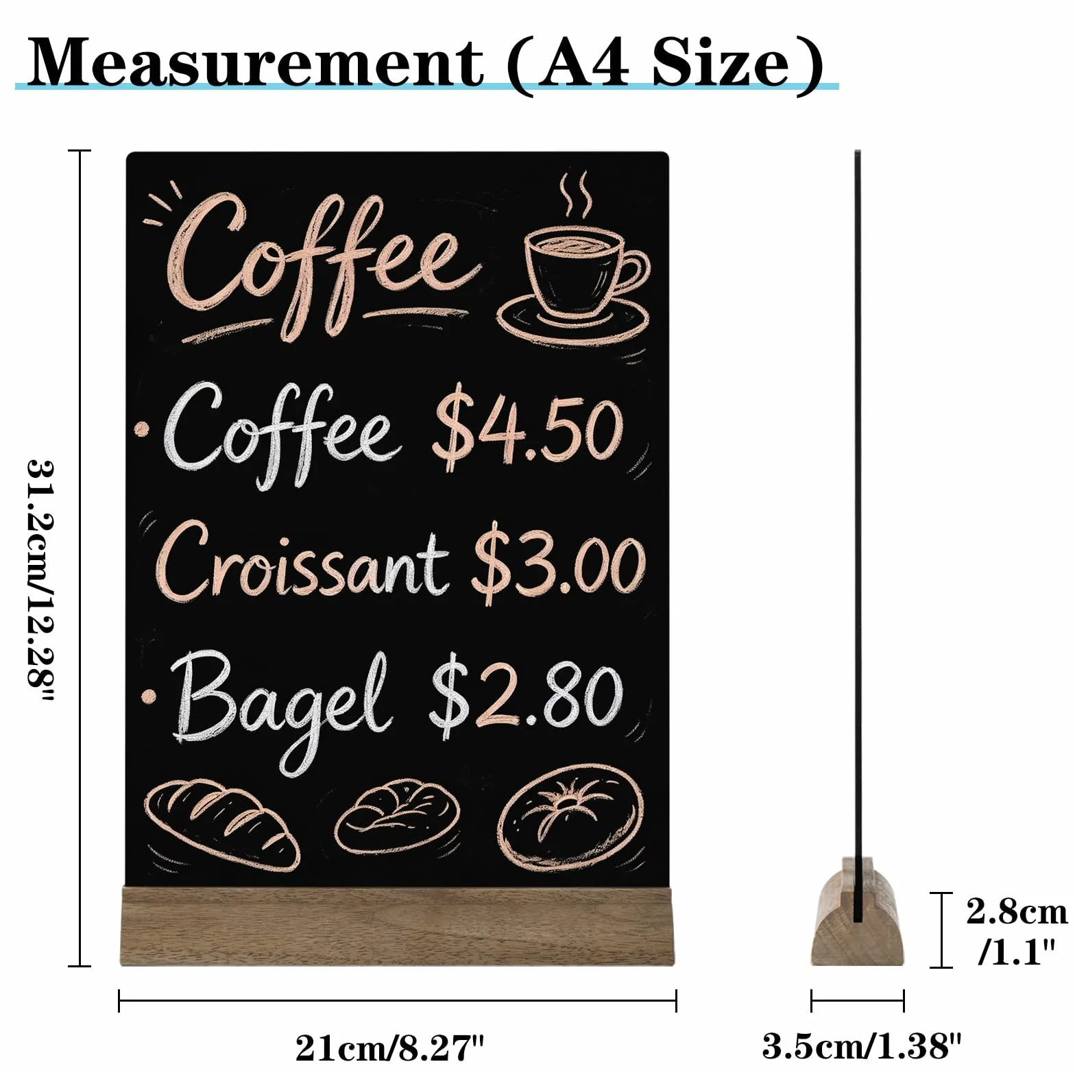4 Pezzi A4 Lavagna Doppia Faccia Acrilico con Supporto Legno, Lavagna Nera Porta Menu A4 Bancone Ristorante, 3mm Compatibile Gesso Liquido e Standard per Caffè Trattoria Osteria Bar Negozio