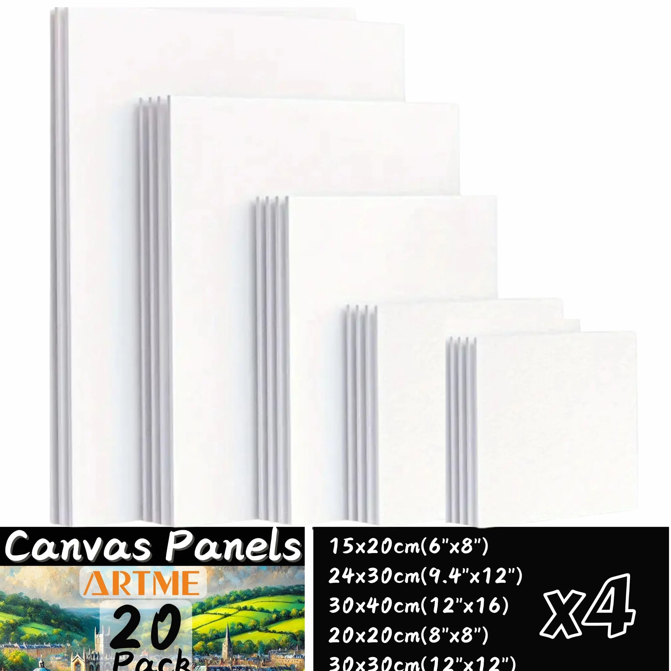 Artme Pannelli in Tela 20pz - 15x20,20x20,30x30,24x30,30x40cm Formati Assortiti Bianca per Pittura - 3mm 280GSM/ 100% cotone/Triplo con innesto/Senza acidi/Grana media /- Acrilico/Olio