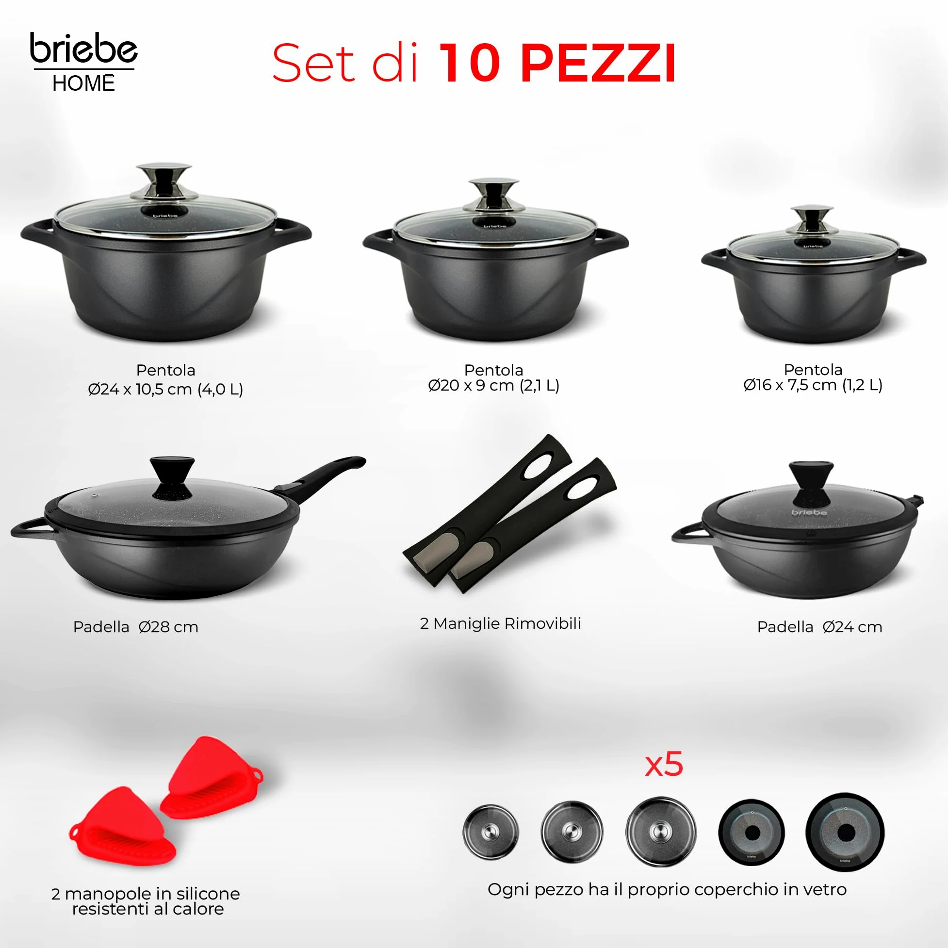 briebe Batteria da Cucina Induzione 10 Pezzi, set di 3 Pentole in Alluminio Fuso + 2 Padelle, Antiaderente ILAG GRANITEC senza PFOA, Coperchi in Vetro, Guanti in Silicone, Vetroceramica, Gas, Forno