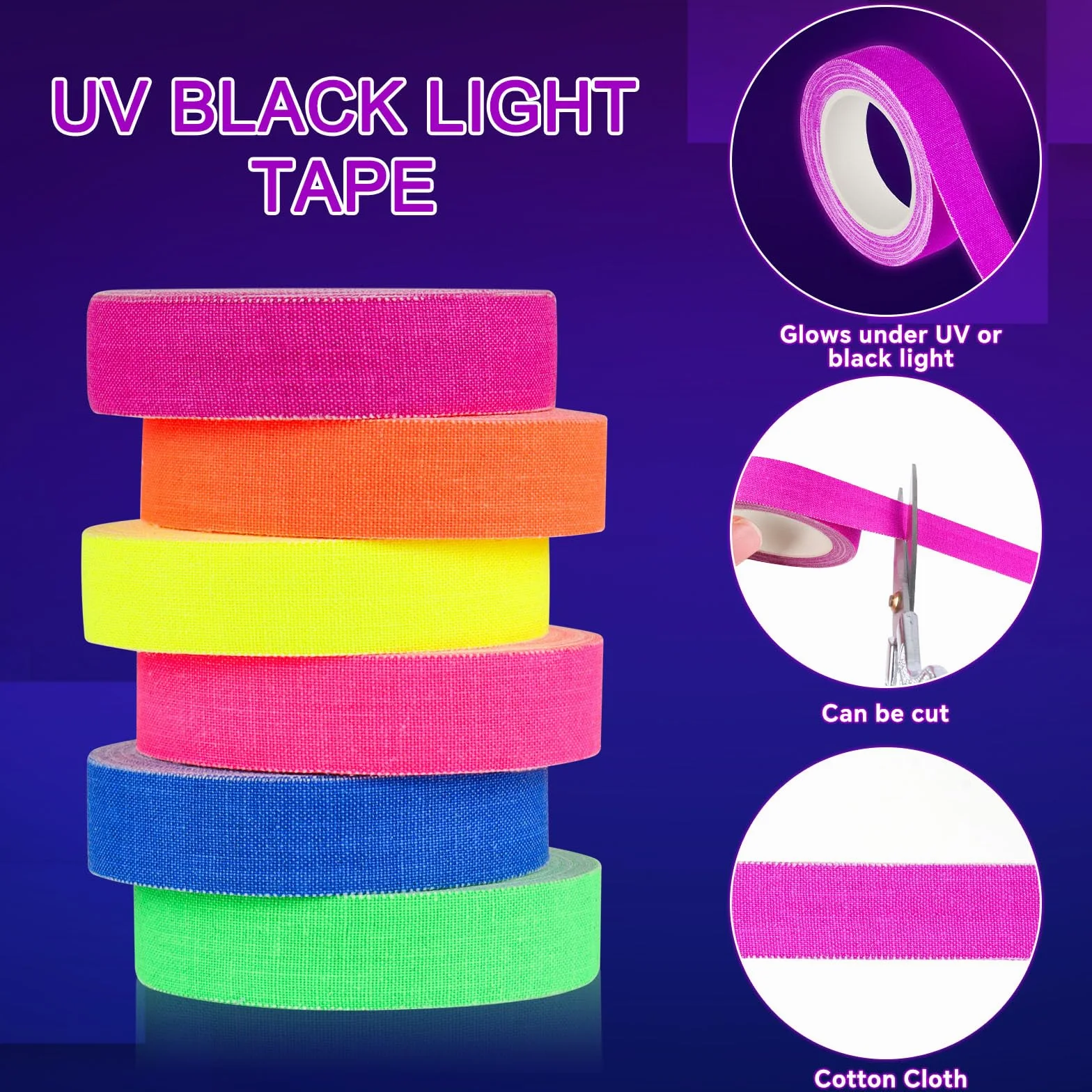 6 rotoli di nastro neon UV fluorescente per luce nera Gaffer Tape, Blacklight Reattivo Bande, Glow in the Dark Tape, per decorazioni di festa, artigianato (15MM*30M)