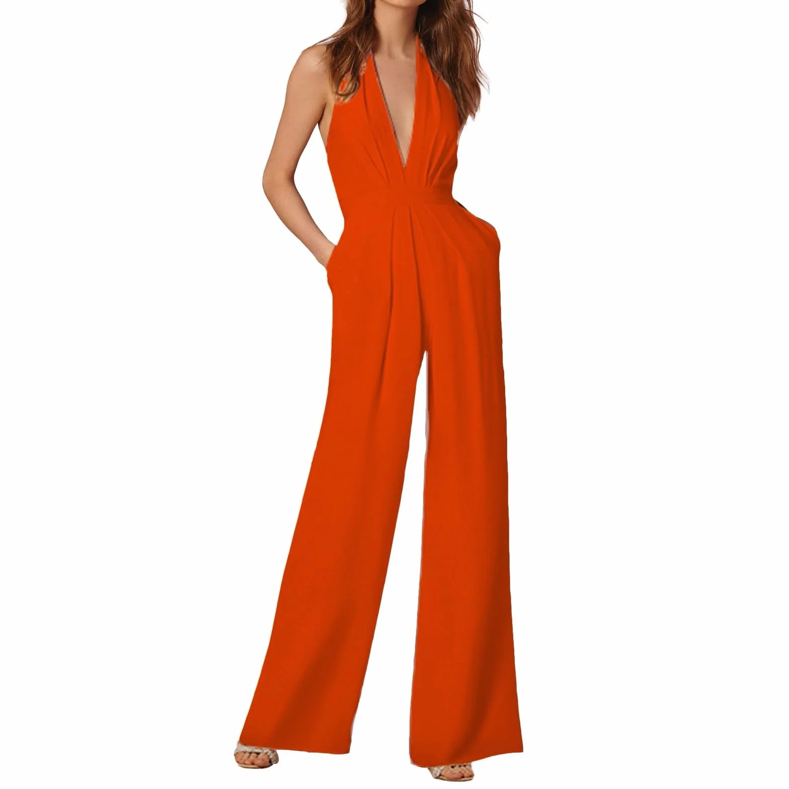 Tuta da donna senza maniche con scollo all'americana - Tutina senza schienale tinta unita alla moda senza maniche Tuta da lavoro sexy con scollo a V profondo salopette a gamba larga con tasche