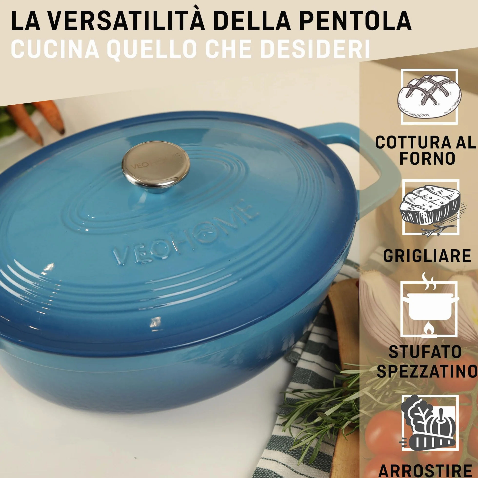 Casseruola in ghisa smaltata VeoHome Blu 6L Ovale, Robusta, Compatibile con Induzione / Gas / Forno, Cottura Omologa, Sapori Autentici, Coperchio in Rilievo