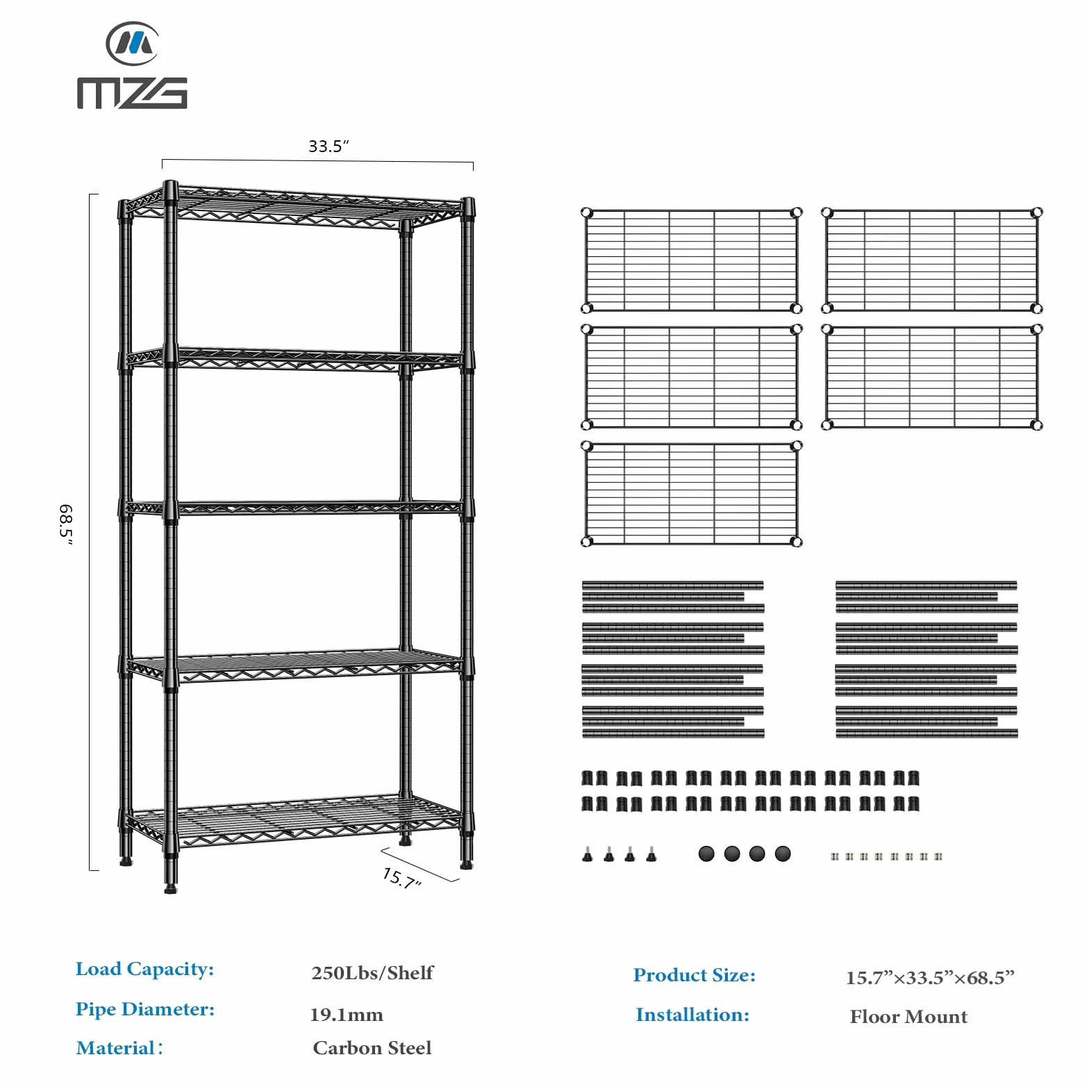 Scaffale in metallo a 5 ripiani 567 kg nero 40 x 85 x 173,9 cm